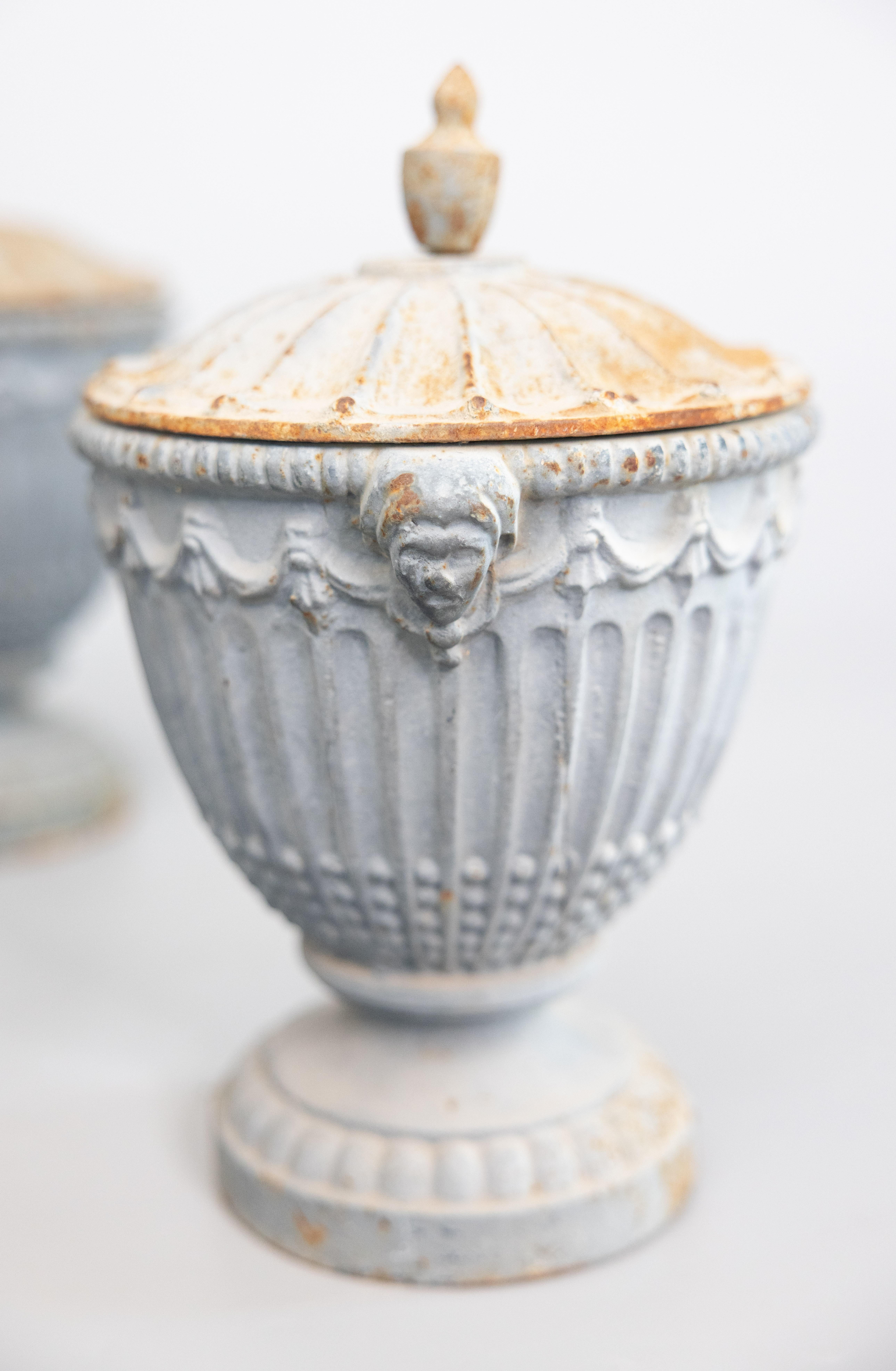 Paar 19. Jahrhundert Englisch Regency Cast Iron Lidded Garden Urnen Mantel Ornaments (Eisen) im Angebot