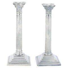 Pair 19th Century English Silverplate Neoclassical Column Form Candlesticks