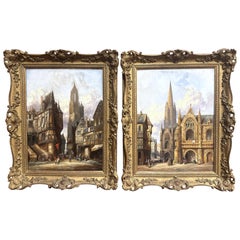 Pair 19th Century European Townscape Oil Paintings by H. Schafer