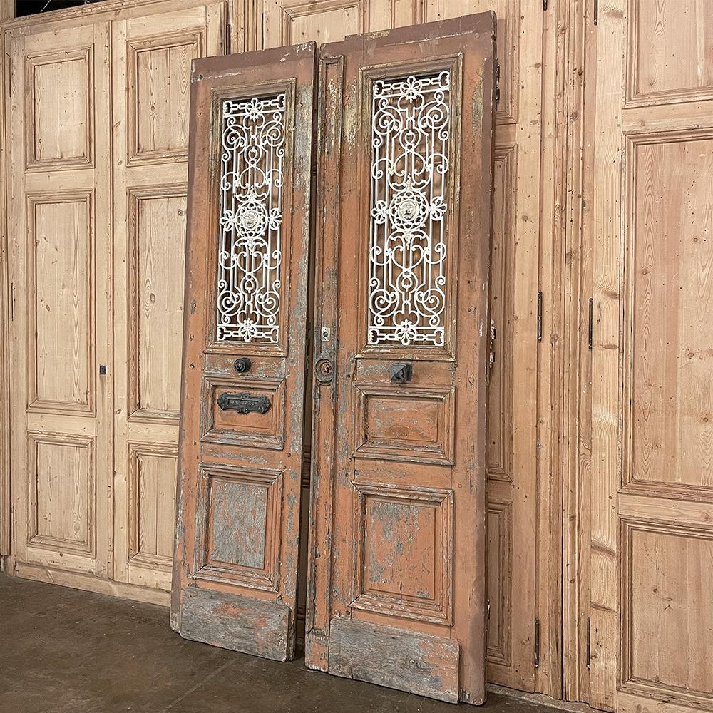 Arts and Crafts Pair 19th Century Exterior French Doors with Wrought Iron For Sale