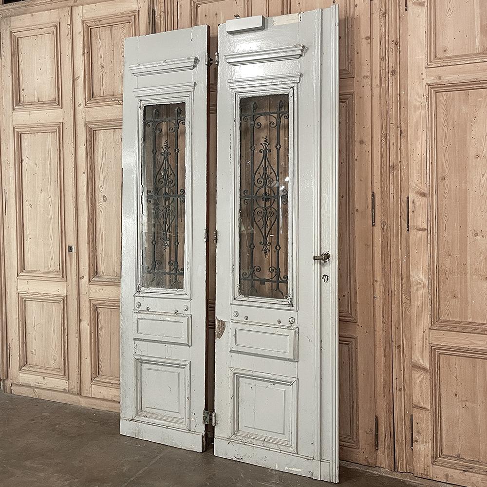Hand-Crafted Pair 19th Century Exterior French Doors with Wrought Iron For Sale