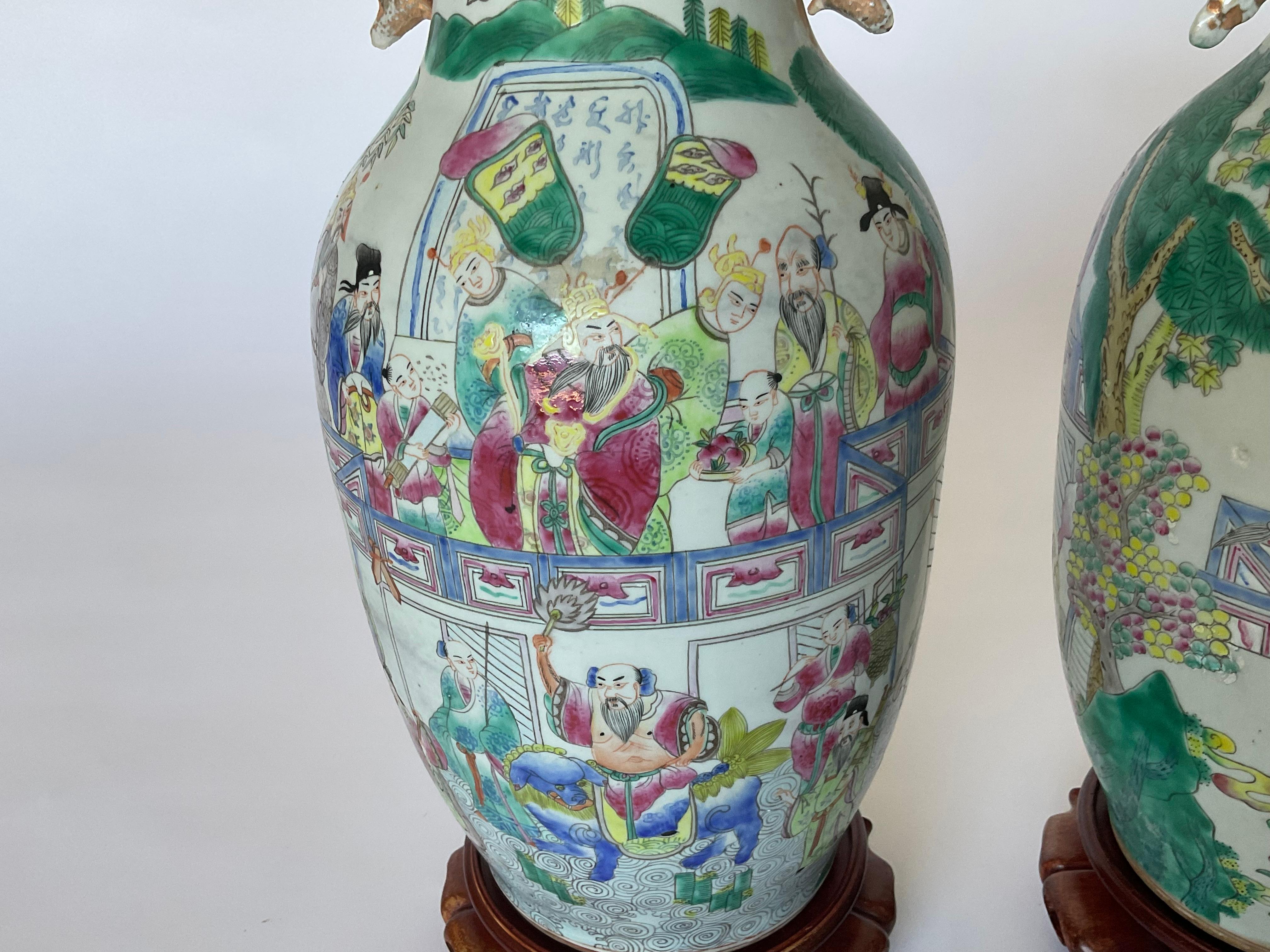 PAIR 19th Century Famille Rose Chinese Porcelain Lamps with handles Very Vibrant For Sale 1
