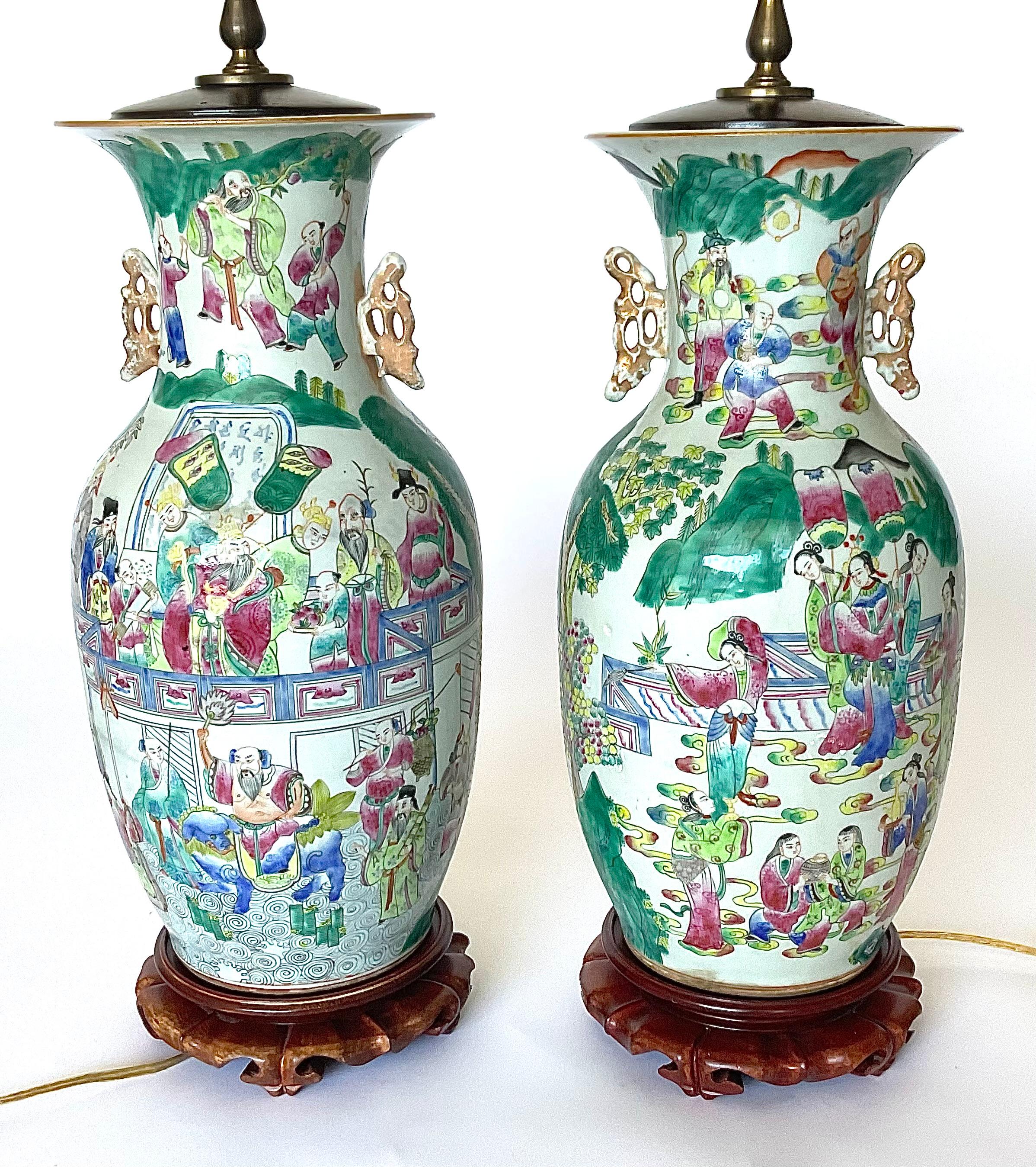 PAIR 19th Century Famille Rose Chinese Porcelain Lamps with handles Very Vibrant For Sale 2