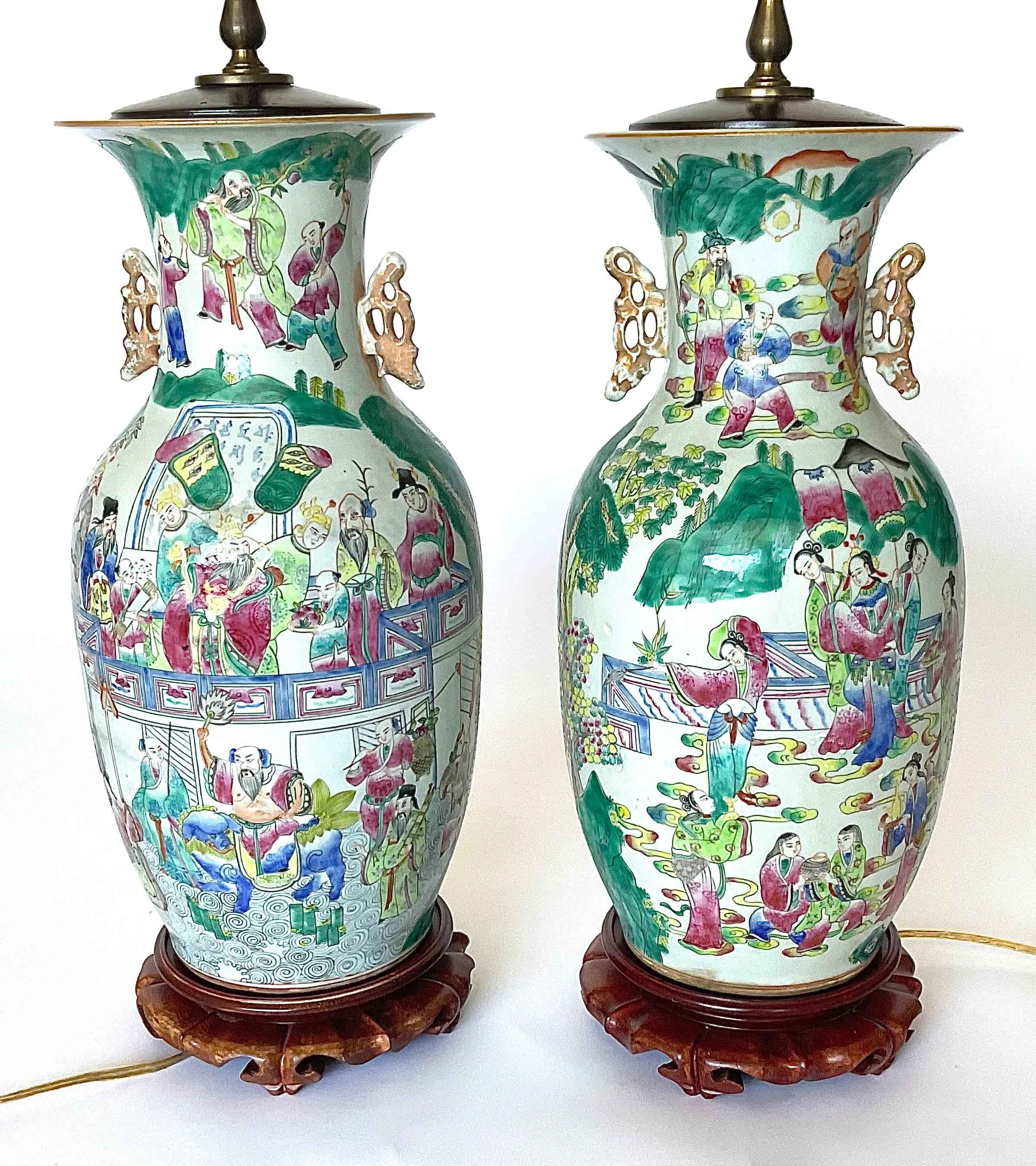 PAIR 19th Century Famille Rose Chinese Porcelain Lamps with handles Very Vibrant For Sale 1