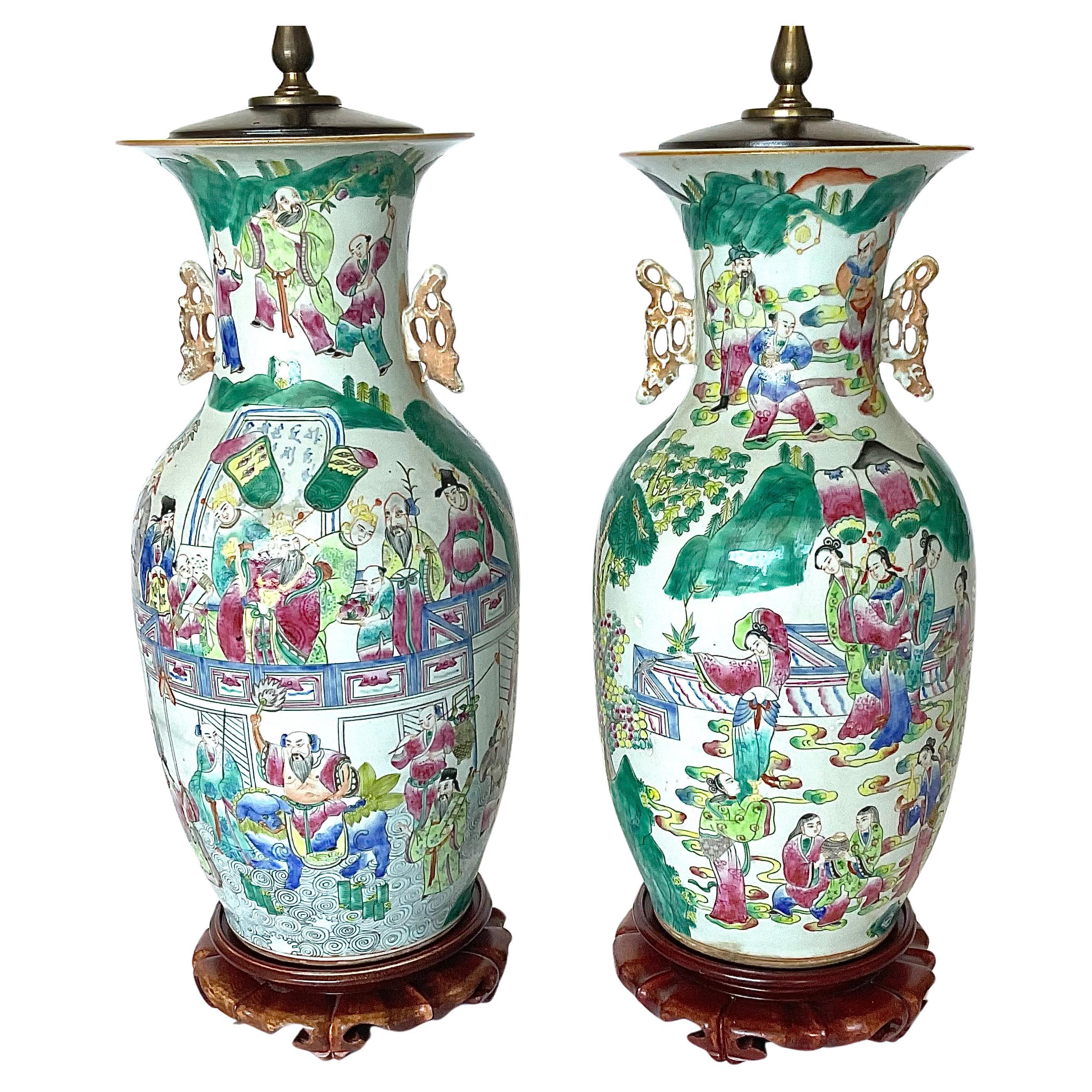 PAIR 19th Century Famille Rose Chinese Porcelain Lamps with handles Very Vibrant For Sale