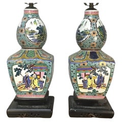 Pair 19th Century Famille Verte Chinese Porcelain Lamps