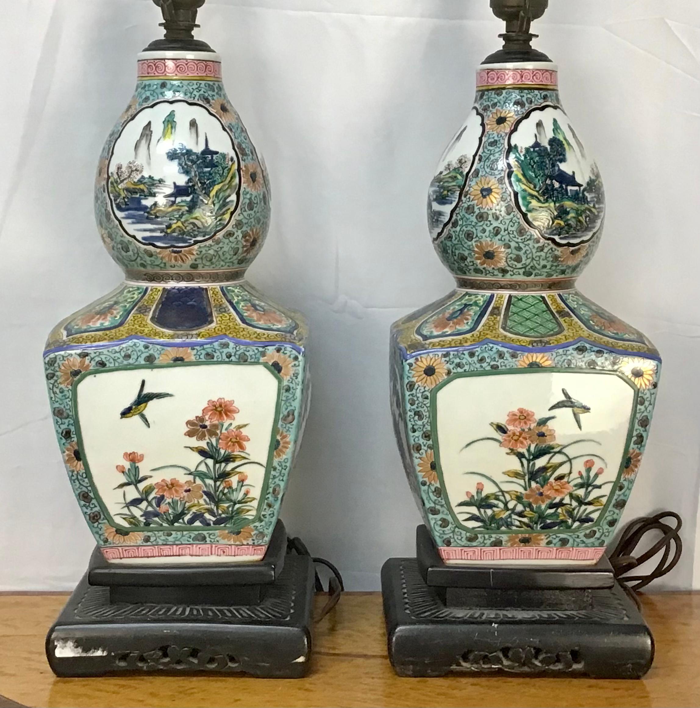 Chinese Export Pair 19th Century Famille Verte Chinese Porcelain Lamps For Sale