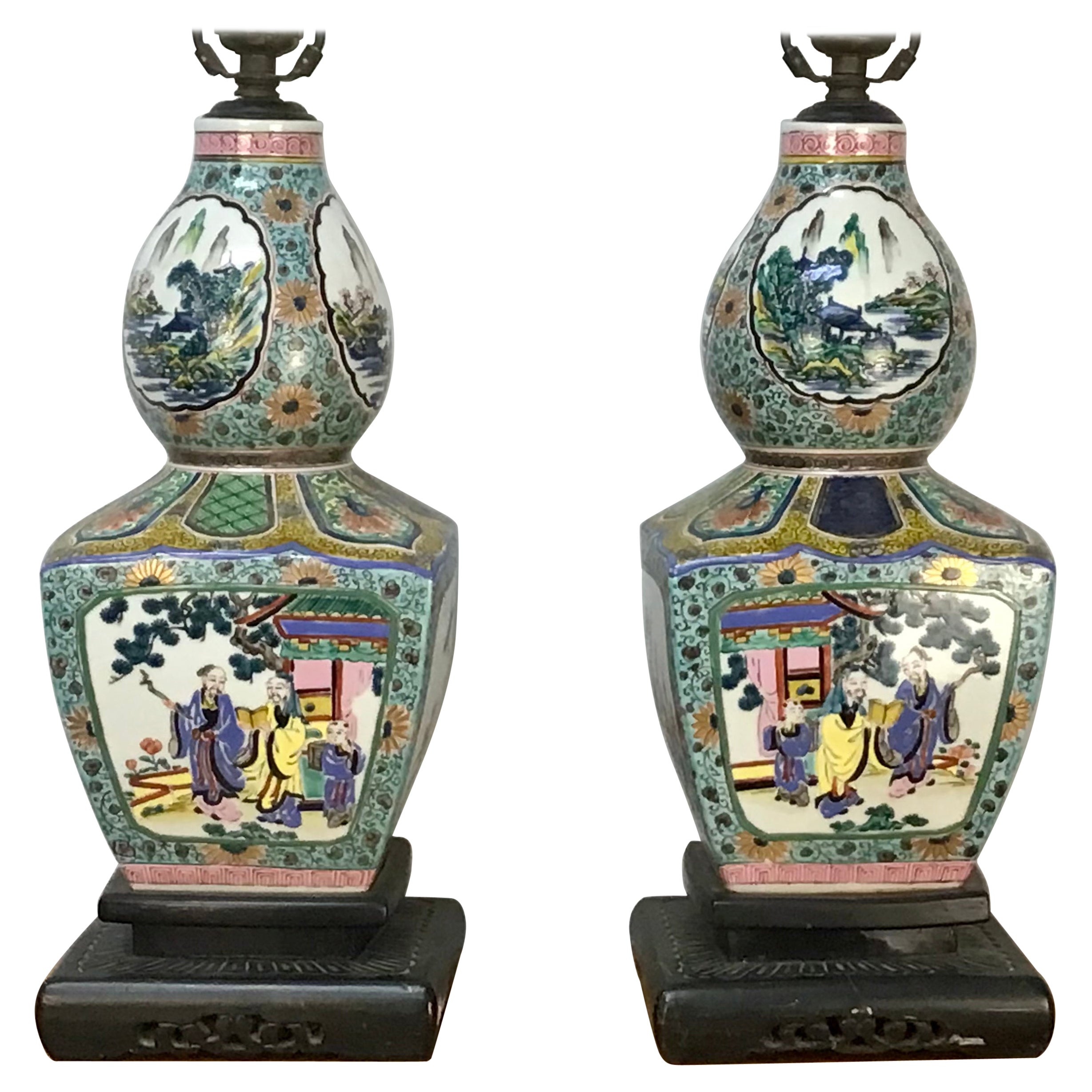 Pair 19th Century Famille Verte Chinese Porcelain Lamps
