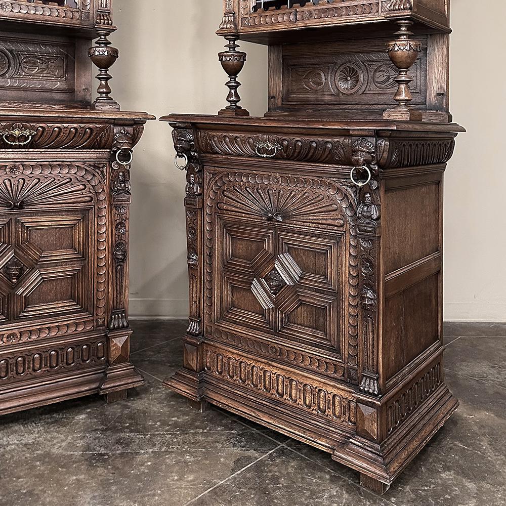 Pair 19th Century Flemish Renaissance Bookcases ~ Buffets with Stained Glass For Sale 3