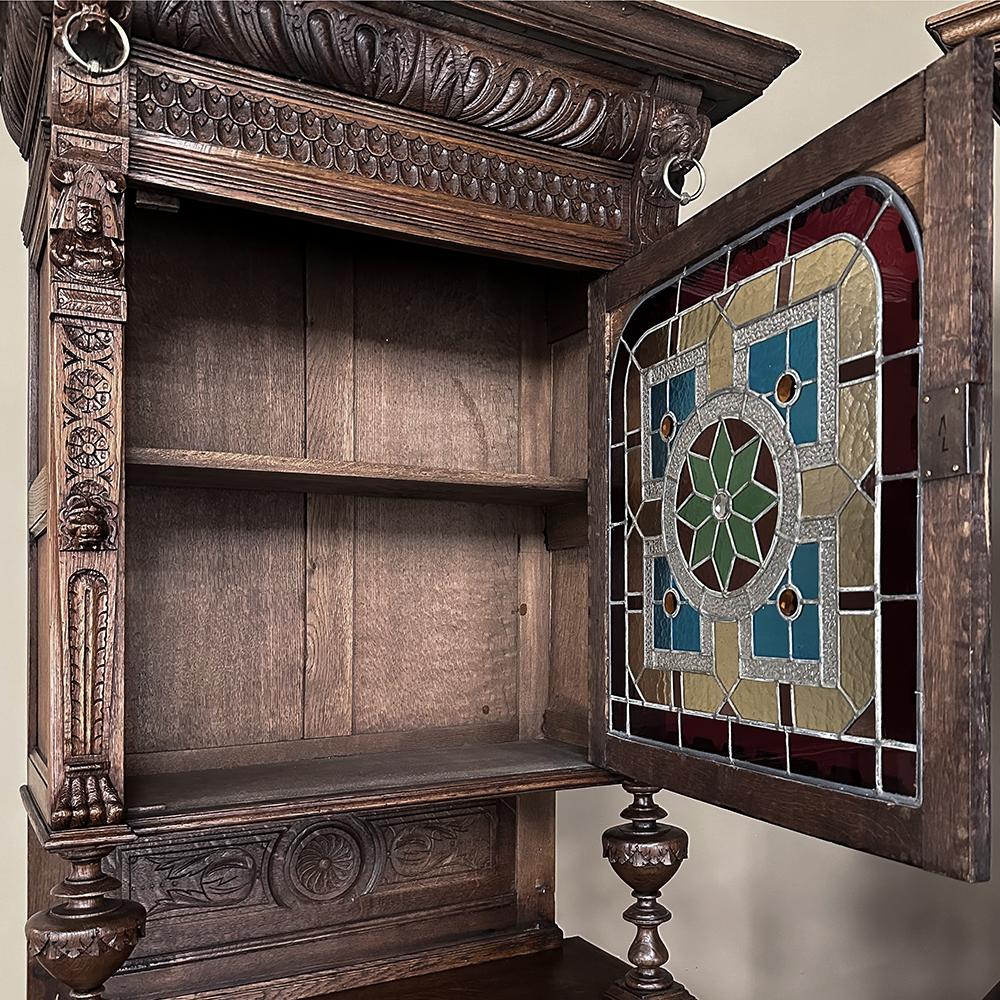 Pair 19th Century Flemish Renaissance Bookcases ~ Buffets with Stained Glass For Sale 5