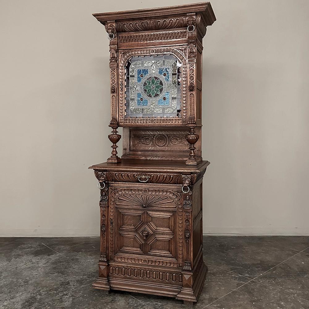 Pair 19th Century Flemish Renaissance Bookcases ~ Buffets with Stained Glass will make an unusual symmetrical statement for any room, perfect for flanking fireplaces, doorways, cased openings, etc., to create a truly one-of-a-kind look for your