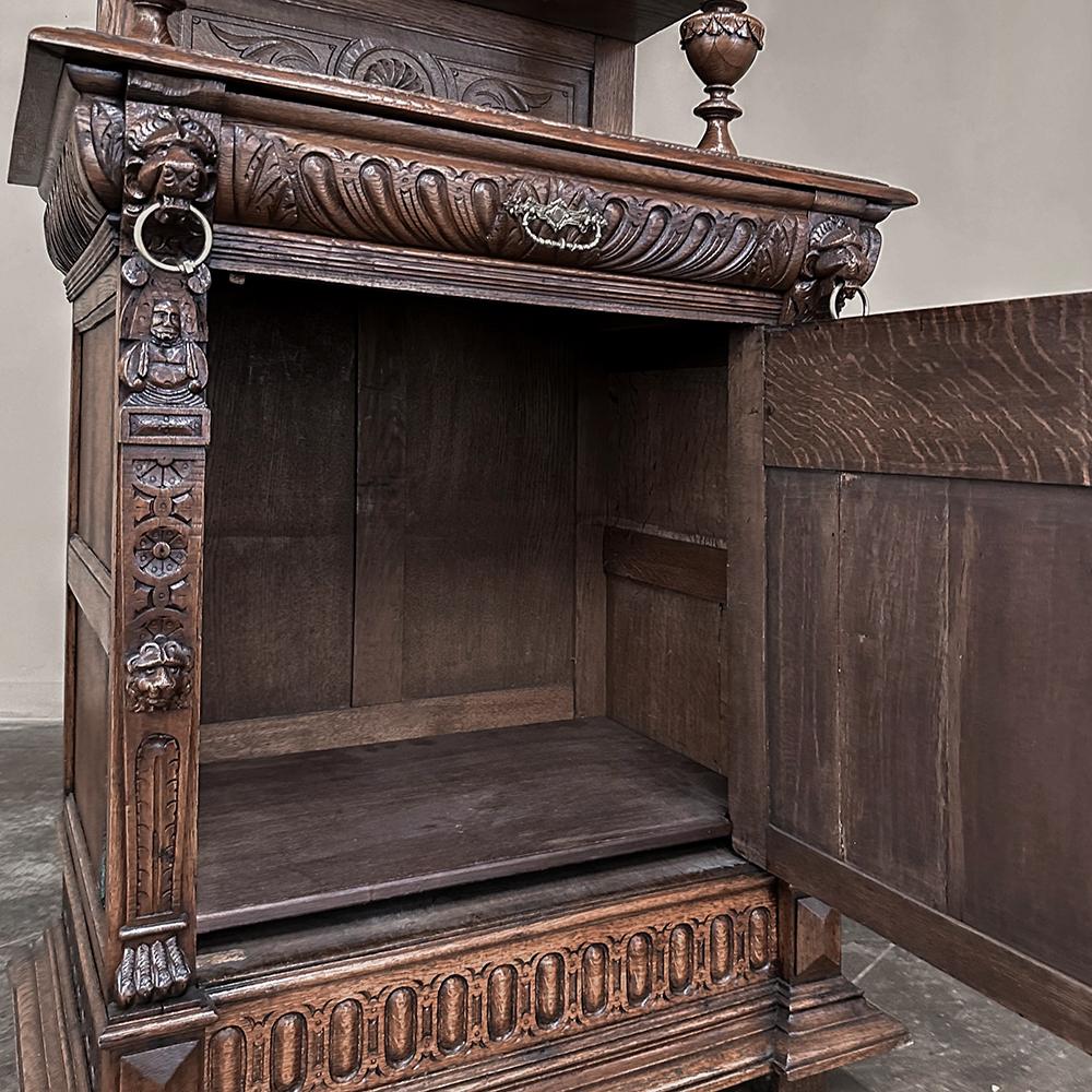 Hand-Carved Pair 19th Century Flemish Renaissance Bookcases ~ Buffets with Stained Glass For Sale