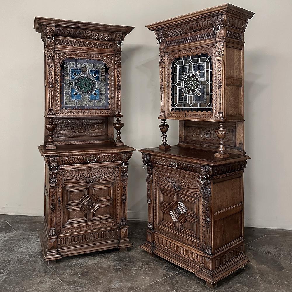 Pair 19th Century Flemish Renaissance Bookcases ~ Buffets with Stained Glass For Sale 1