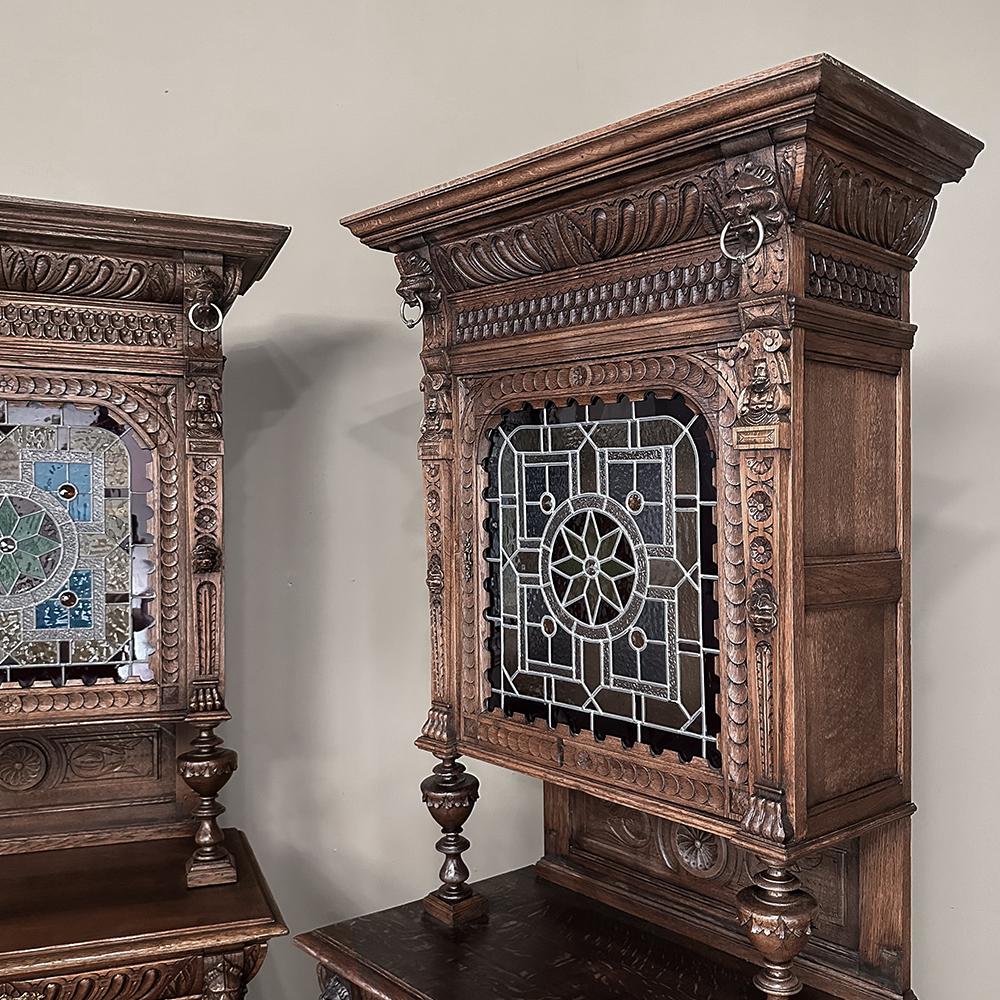 Pair 19th Century Flemish Renaissance Bookcases ~ Buffets with Stained Glass 2