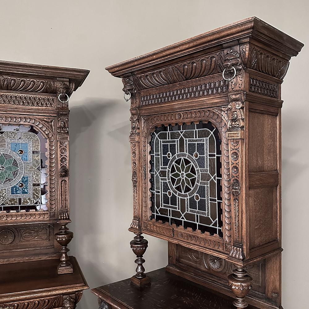 Pair 19th Century Flemish Renaissance Bookcases ~ Buffets with Stained Glass For Sale 2