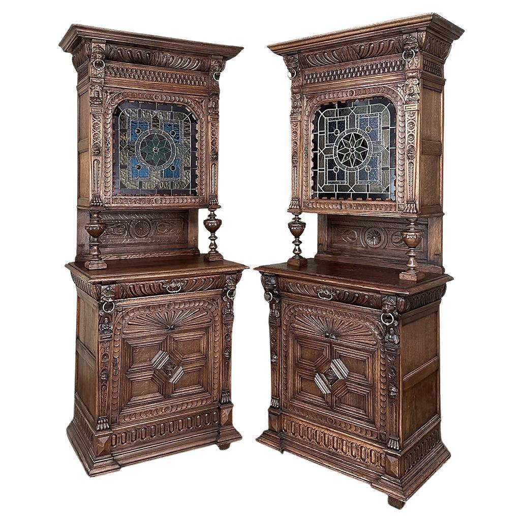 Pair 19th Century Flemish Renaissance Bookcases ~ Buffets with Stained Glass For Sale