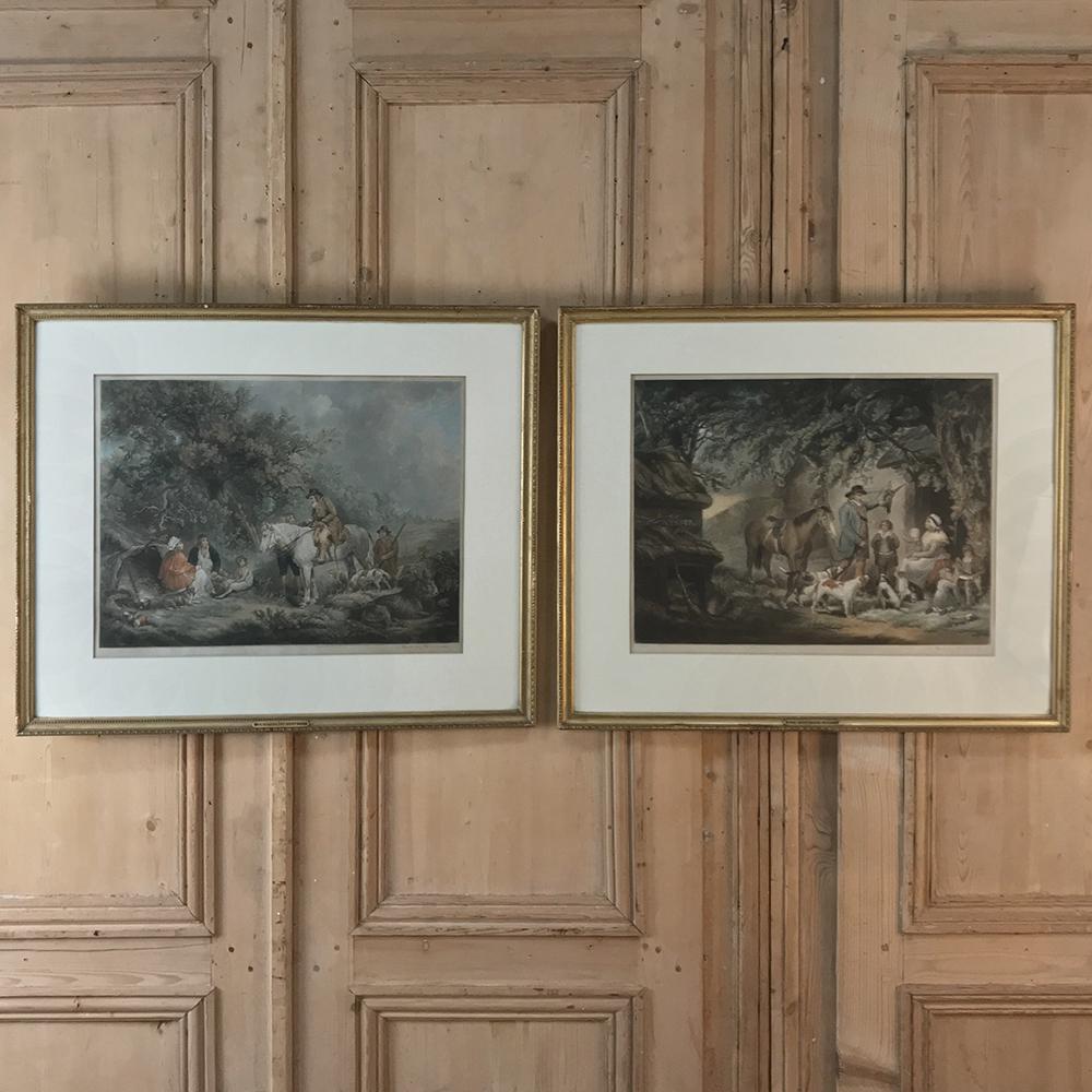 Pair of 19th century framed hand-colored Engravings were meticulously hand-colored to create beautiful artworks that are ideal for the masculine decor. One is entitled 