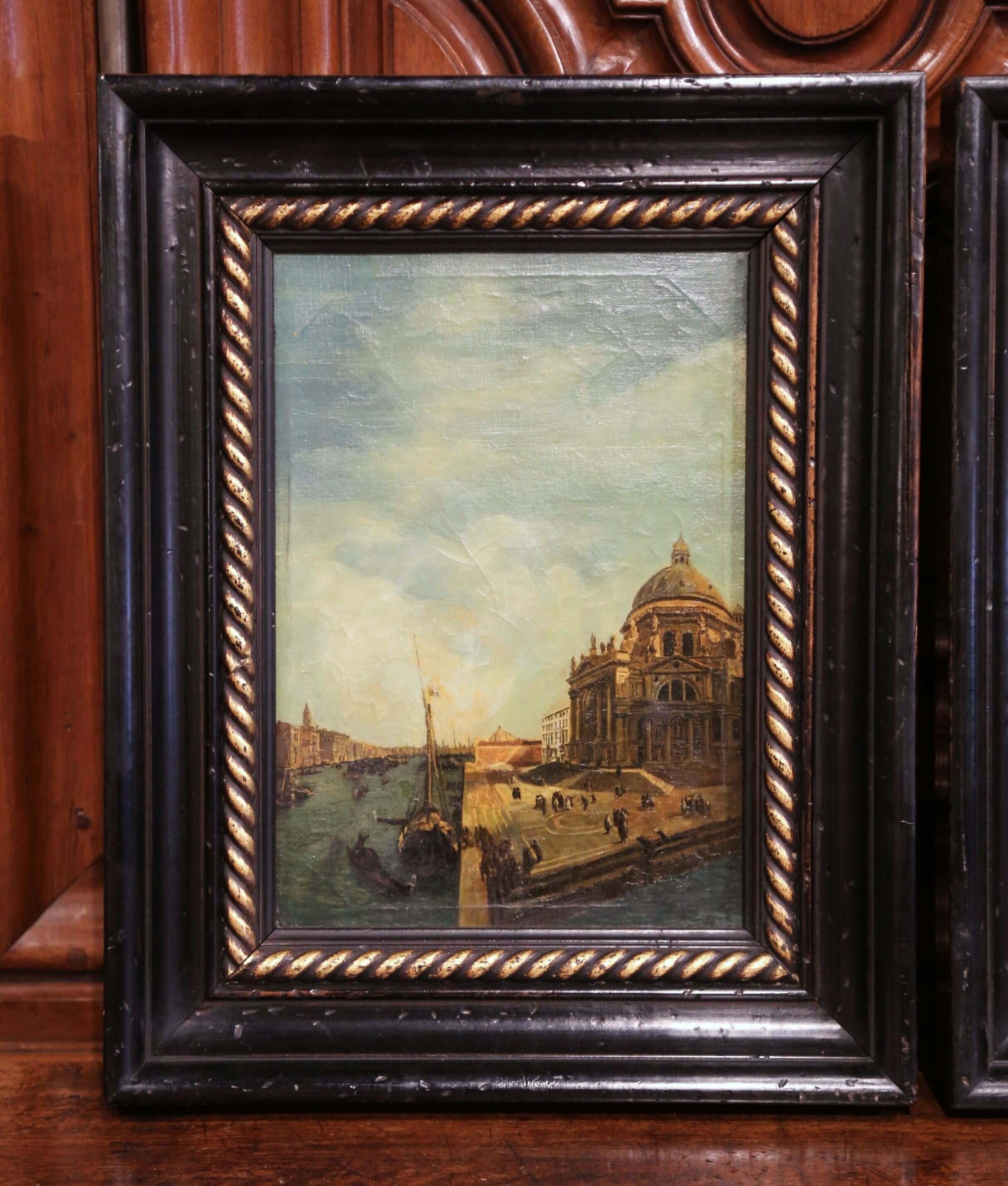 Bring memories of your travels abroad home with this elegant pair of 19th century Venetian paintings. Painted in Italy circa 1870, each painting is set inside a blackened frame with gilt accents, and depicts a famous Venice landmark. One painting