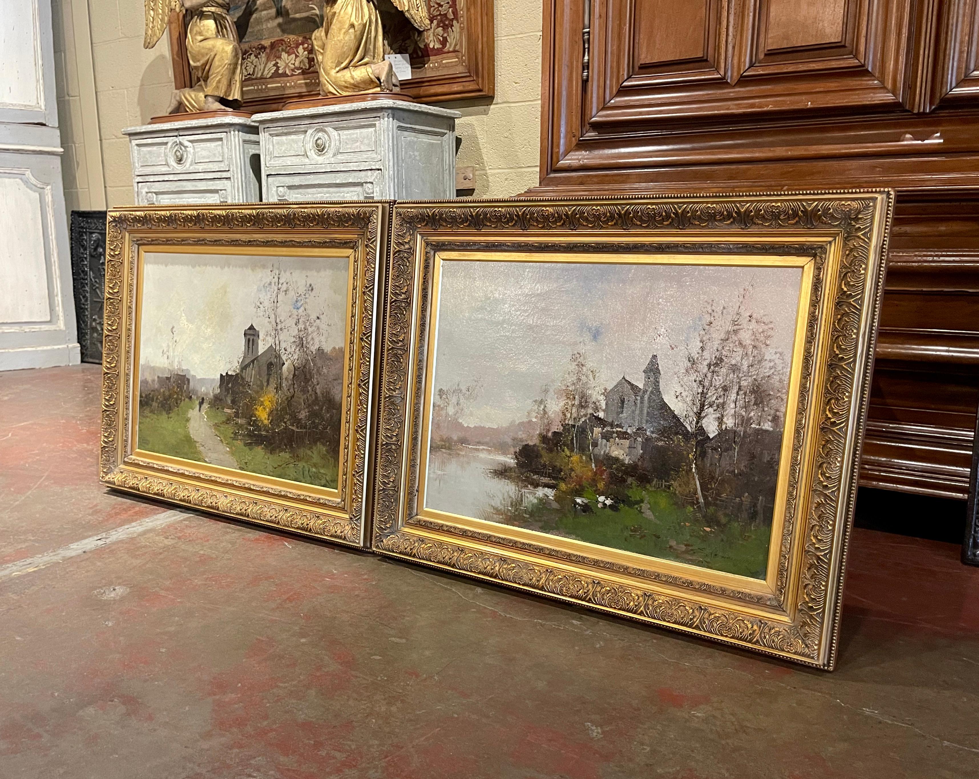 Decorate a study, living room or den with this beautiful pair of antique paintings! Painted in France circa 1890, each artwork on canvas is set in a carved gilt wood frame, and illustrates a picturesque, countryside scene in rural France; one