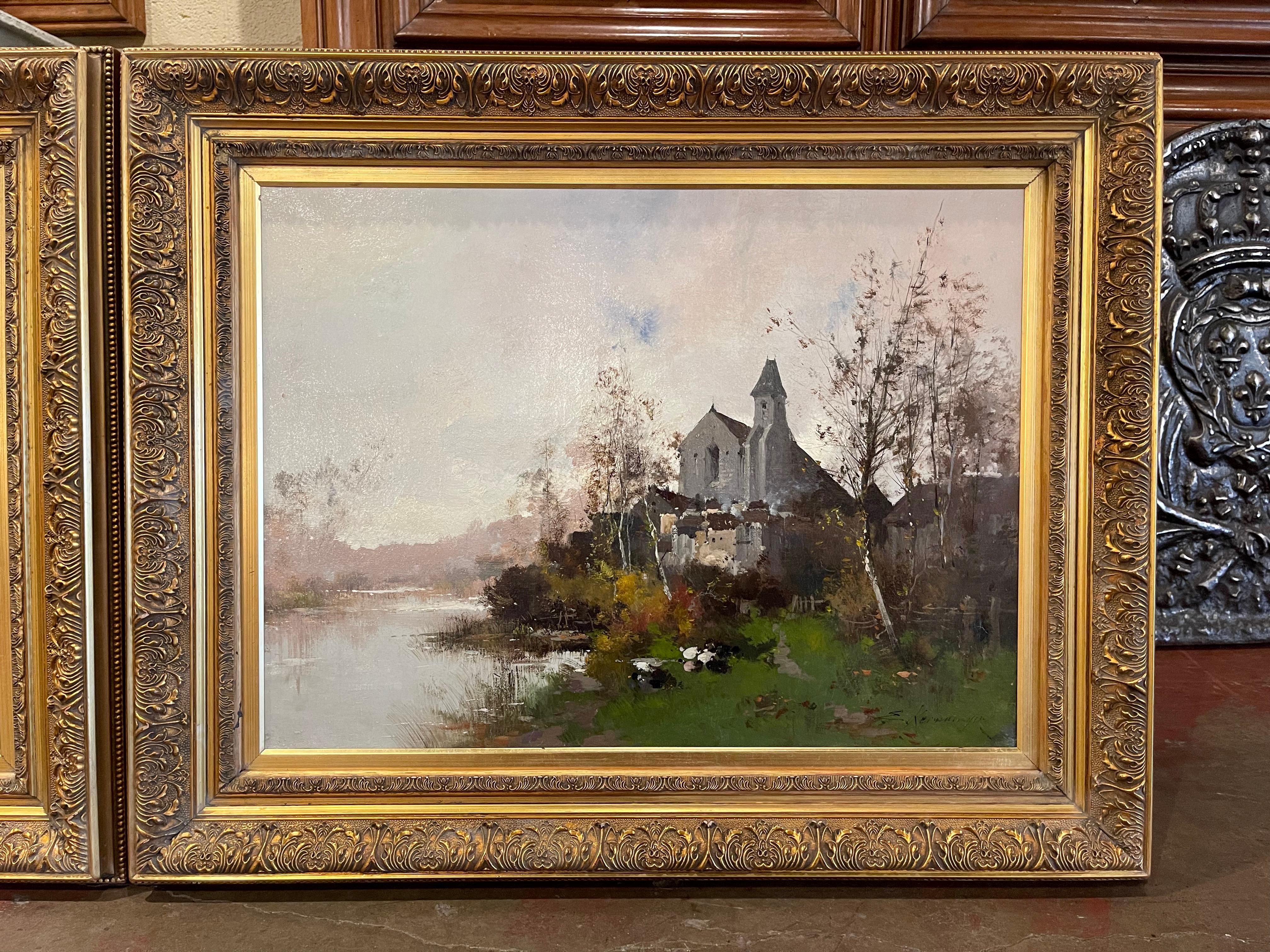  Pair 19th Century Framed Oil Painting Signed E. Kermanguy for E. Galien-Laloue In Excellent Condition For Sale In Dallas, TX