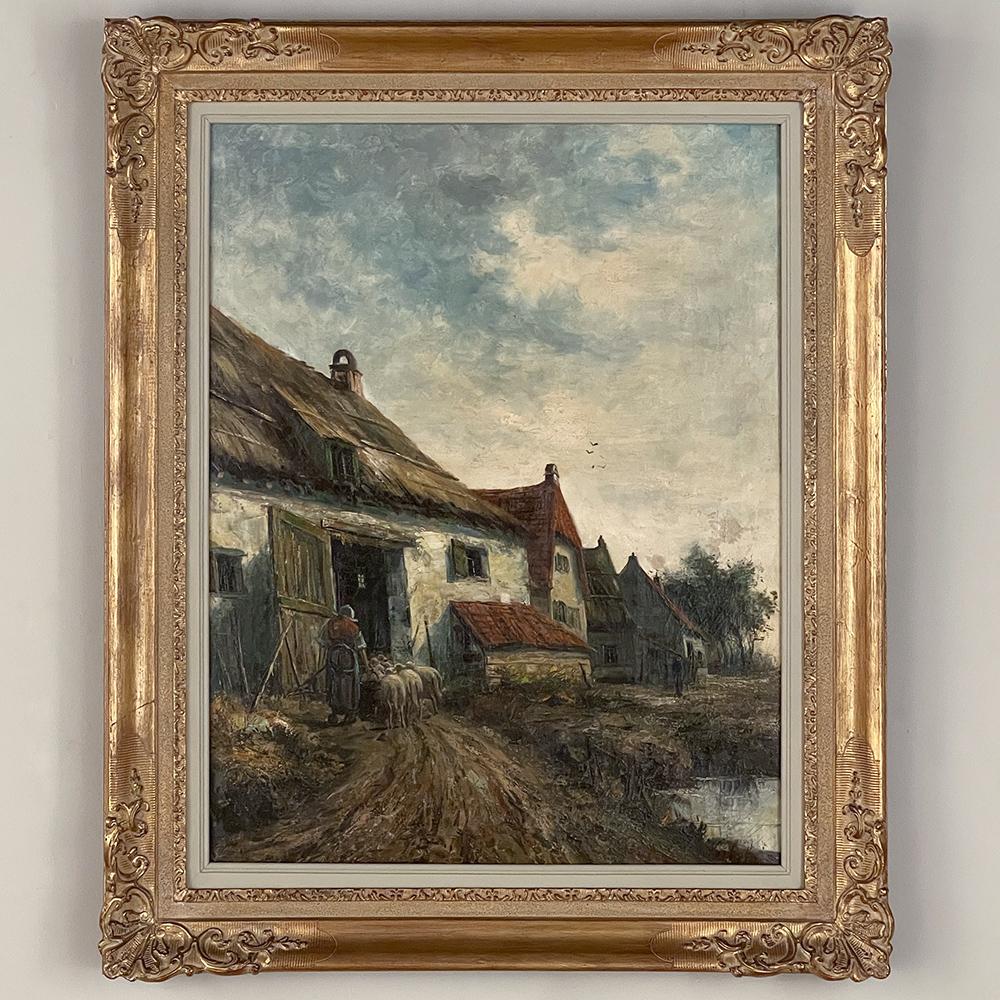 Pair 19th century framed oil paintings on canvas by Verhelst are a charming glimpse into European rural life as it has existed for centuries on the Continent. A well-worth path leads past the charming thatch-roofed homes through the quaint little