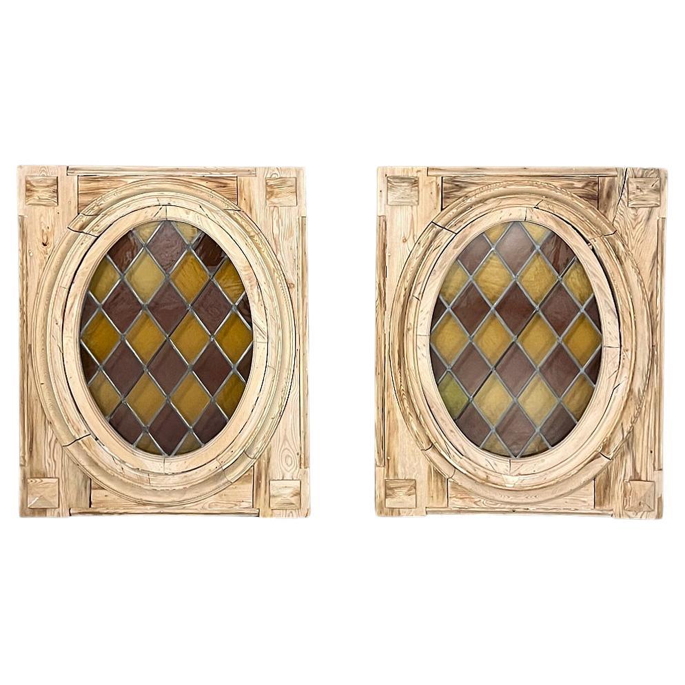 Pair 19th Century Framed Oval Stained Glass Windows For Sale