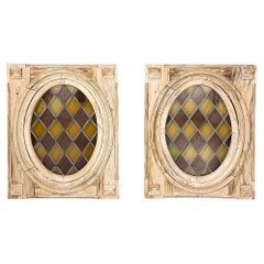 Antique Pair 19th Century Framed Oval Stained Glass Windows