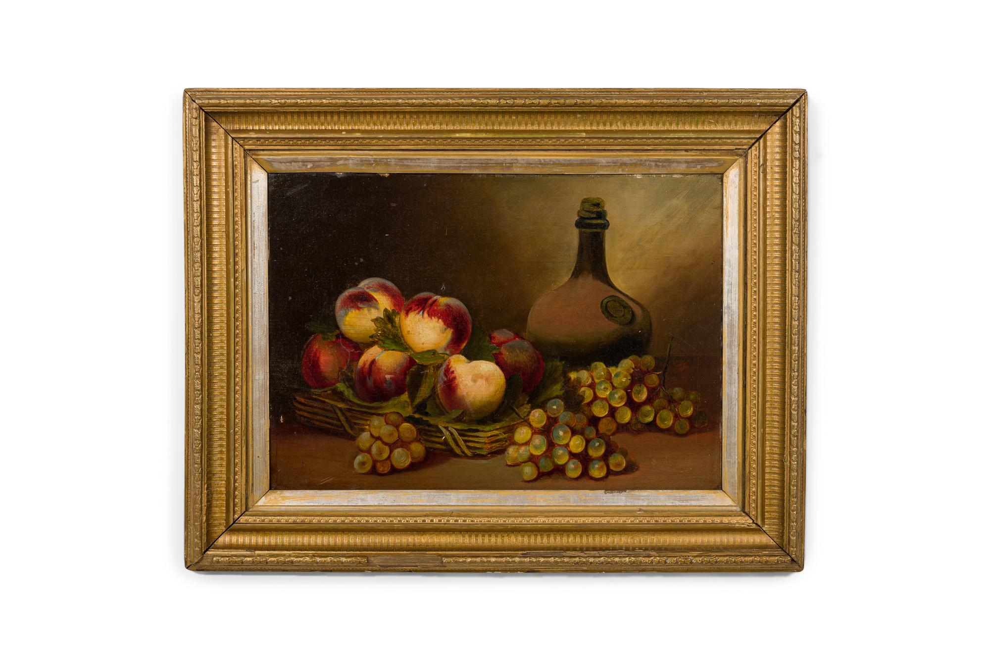 Coppia di nature morte ad olio con cornice dorata del XIX secolo raffiguranti paesaggi di frutta.
 