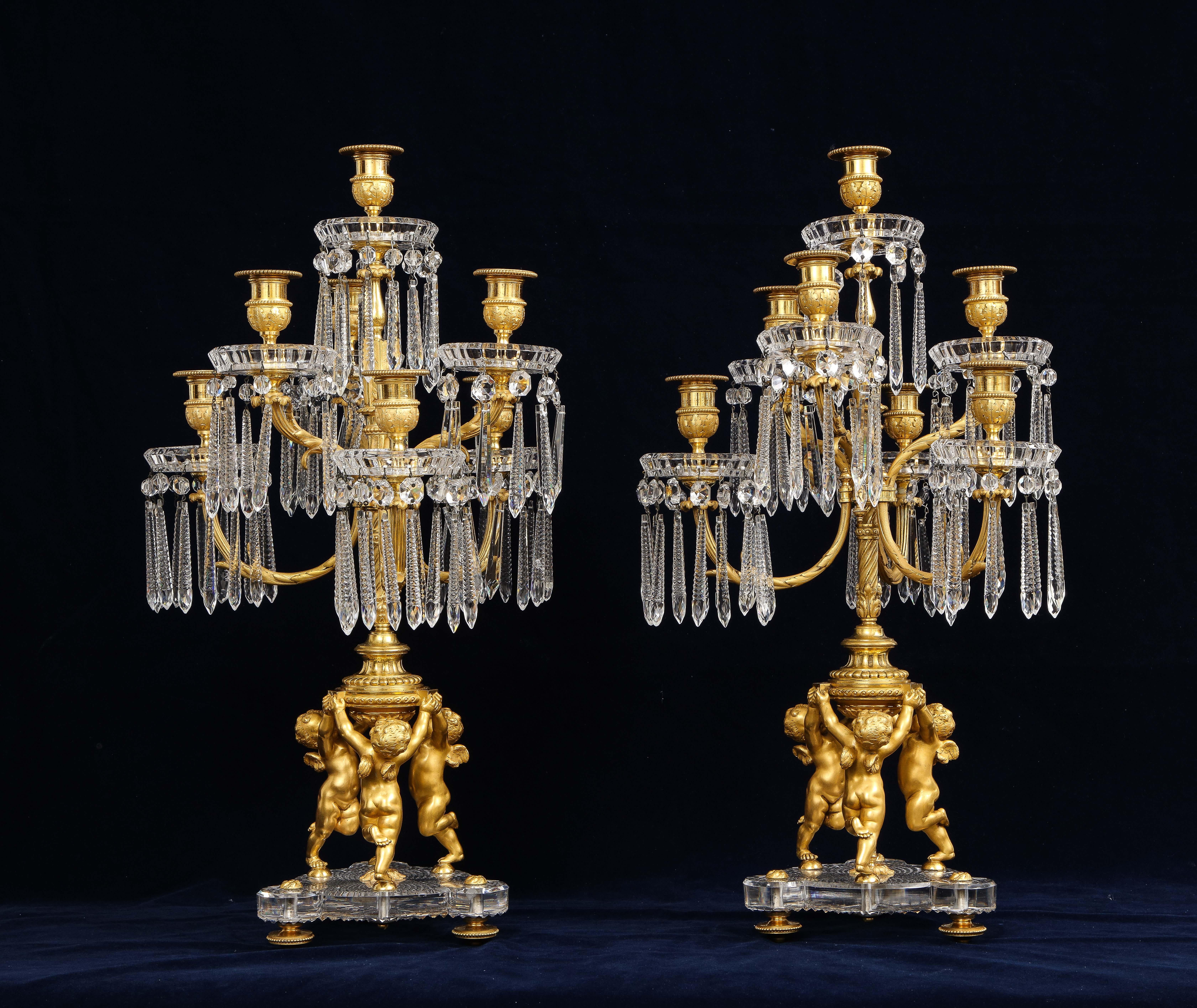 Louis XVI Pair 19th Century French 7 Arm Dore Bronze & Crystal Candelabras Signed Baccarat