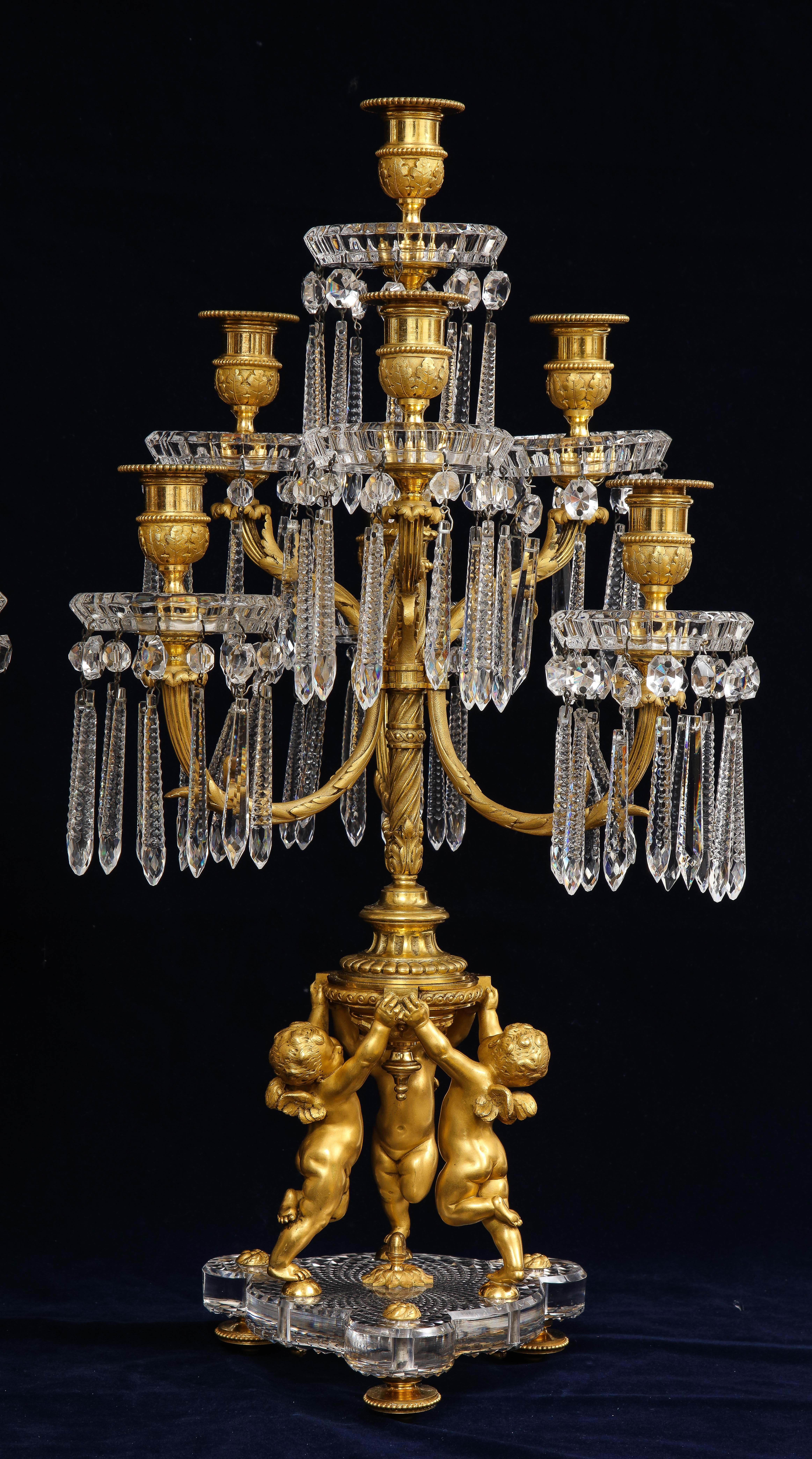 Hand-Carved Pair 19th Century French 7 Arm Dore Bronze & Crystal Candelabras Signed Baccarat