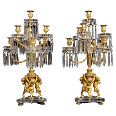 Pair 19th Century French 7 Arm Dore Bronze & Crystal Candelabras Signed Baccarat