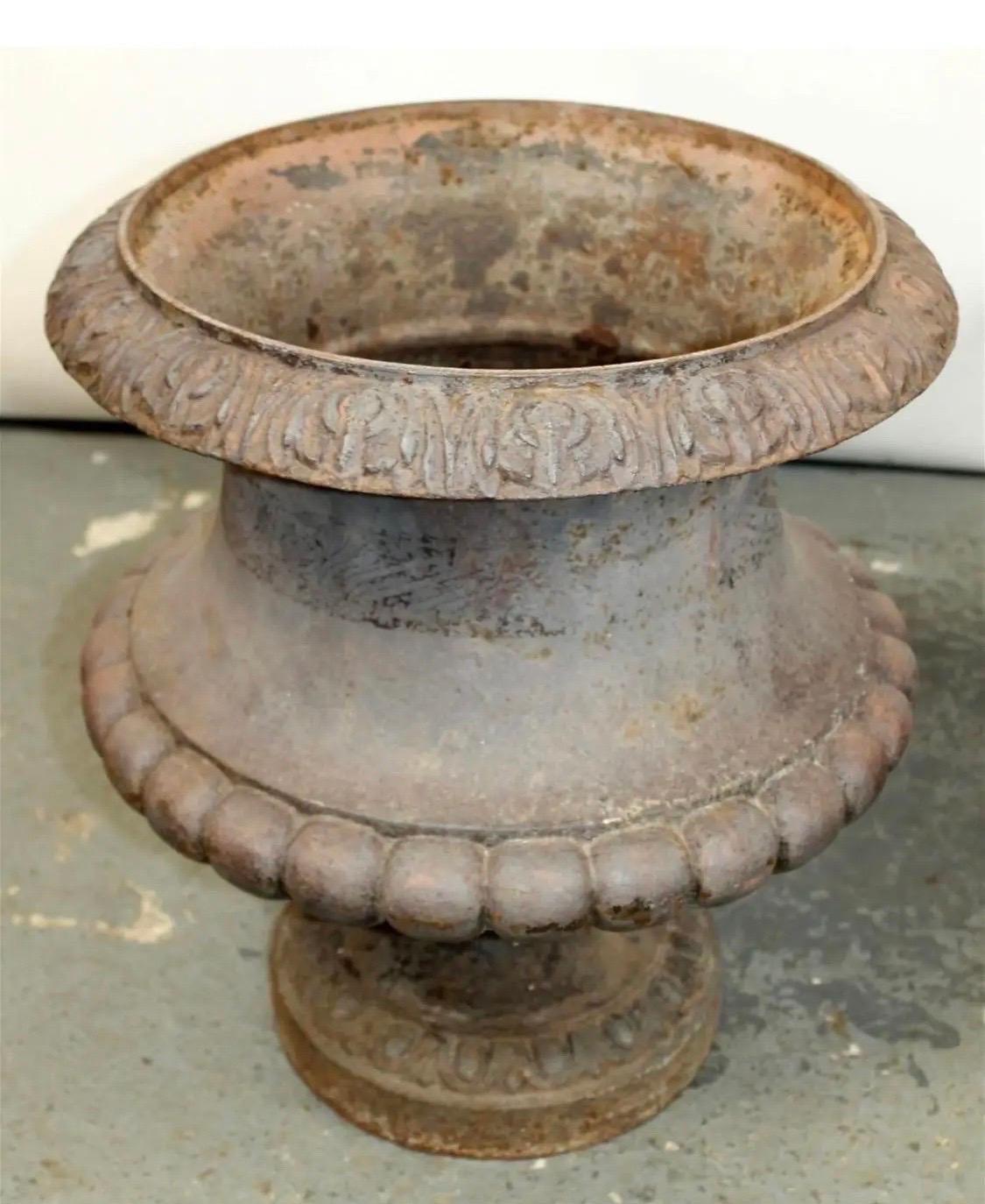 Pair 19th Century French Alfred Corneau Charleville Cast Iron Garden Urns In Fair Condition In Atlanta, GA