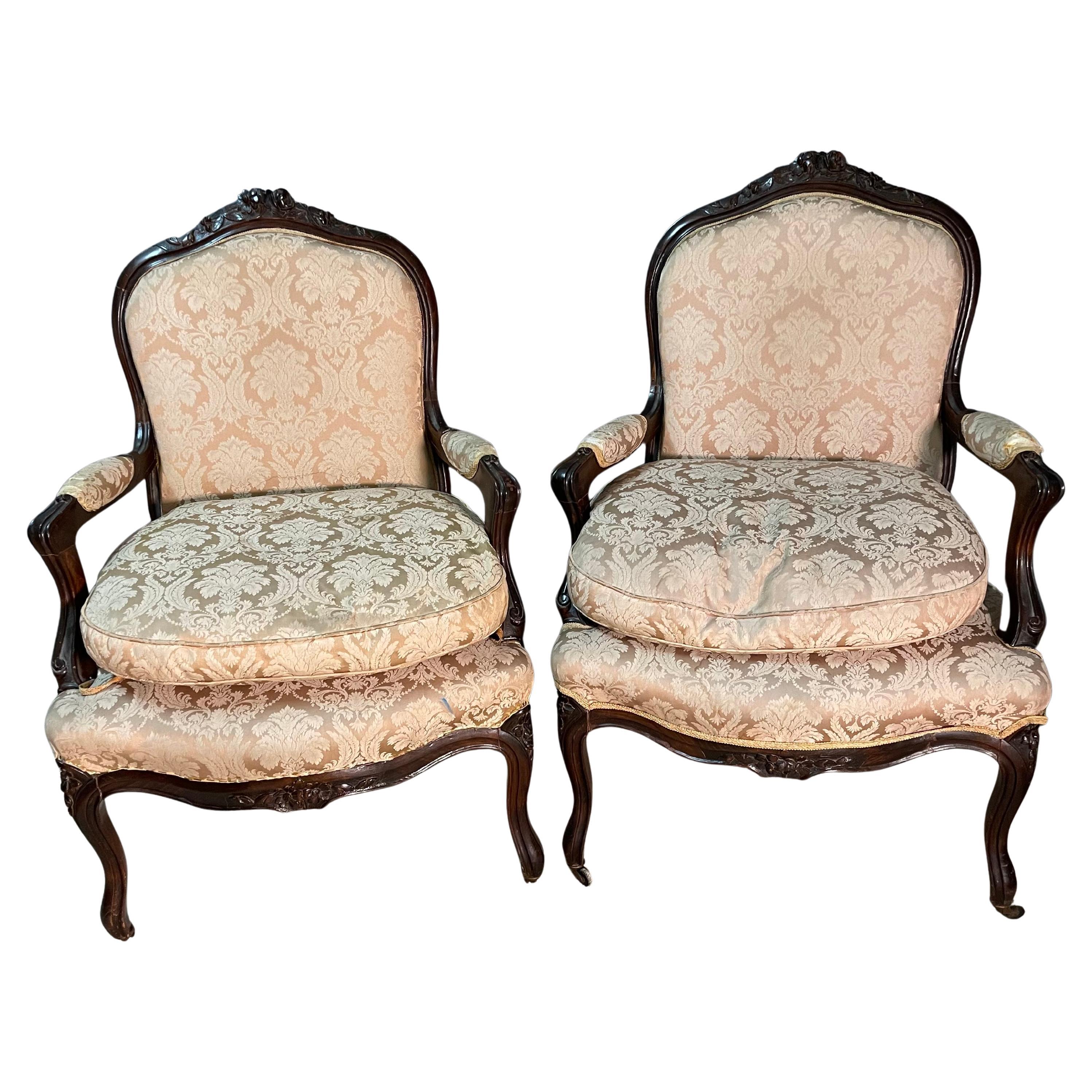 Pair 19th Century French Armchairs Louis XV Style