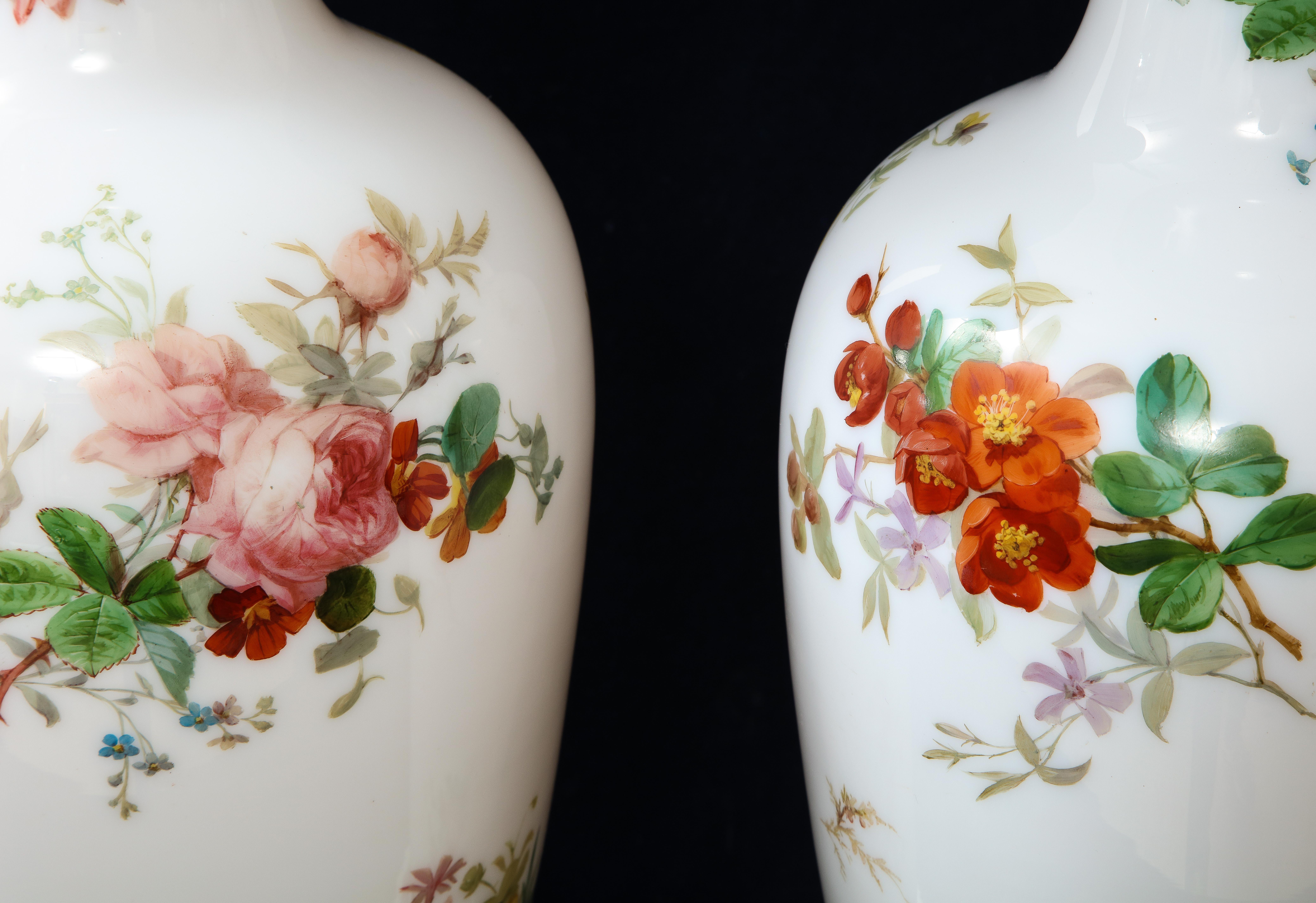 Pair 19th Century French Baccarat White Opaline Crystal Vases Mounted as Lamps For Sale 3