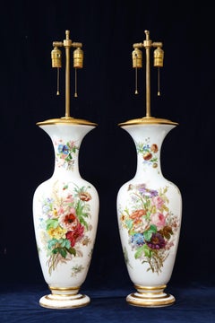 Pair 19th Century French Baccarat White Opaline Crystal Vases Mounted as Lamps