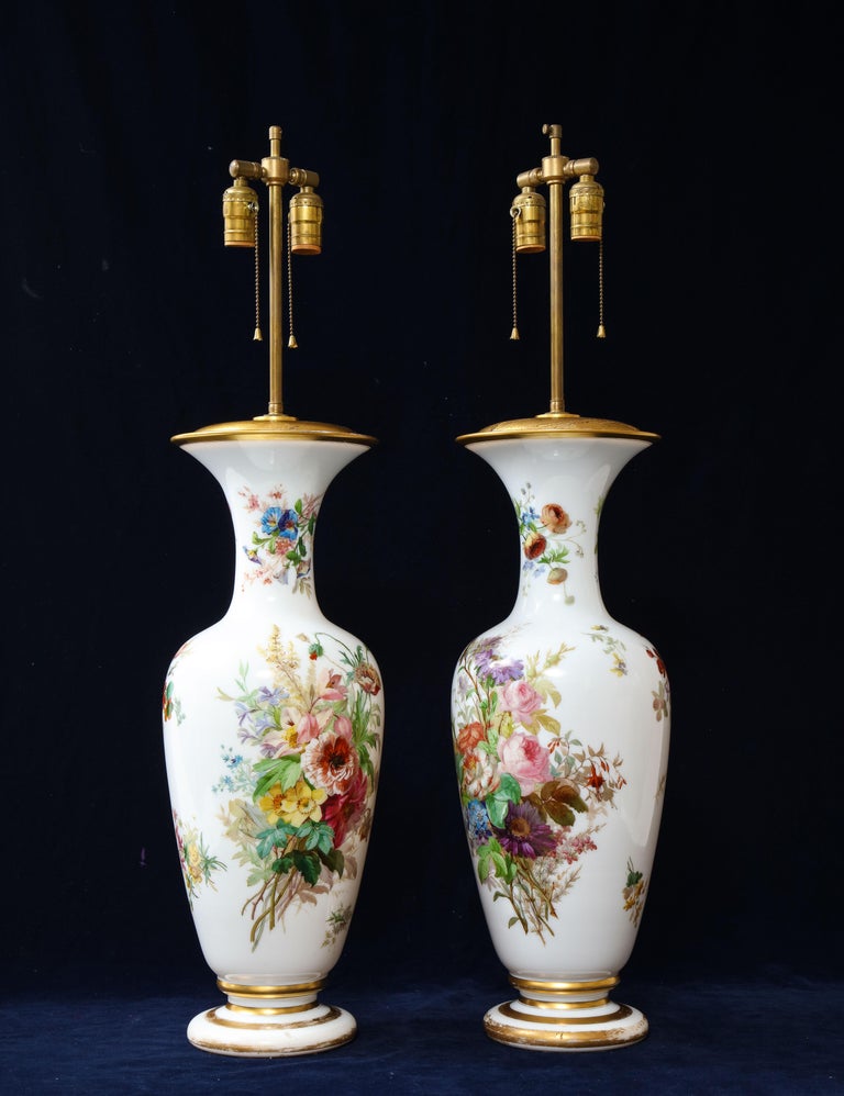 Louis XVI Pair 19th Century French Baccarat White Opaline Crystal Vases Mounted as Lamps For Sale