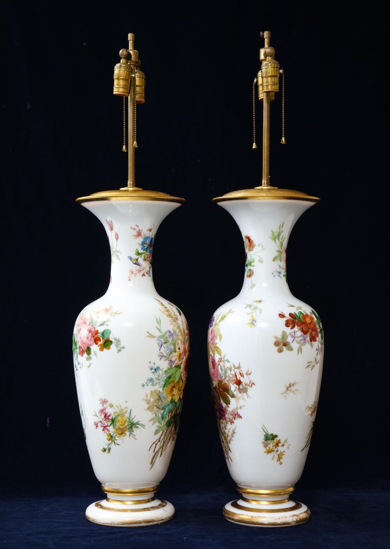 Hand-Painted Pair 19th Century French Baccarat White Opaline Crystal Vases Mounted as Lamps For Sale