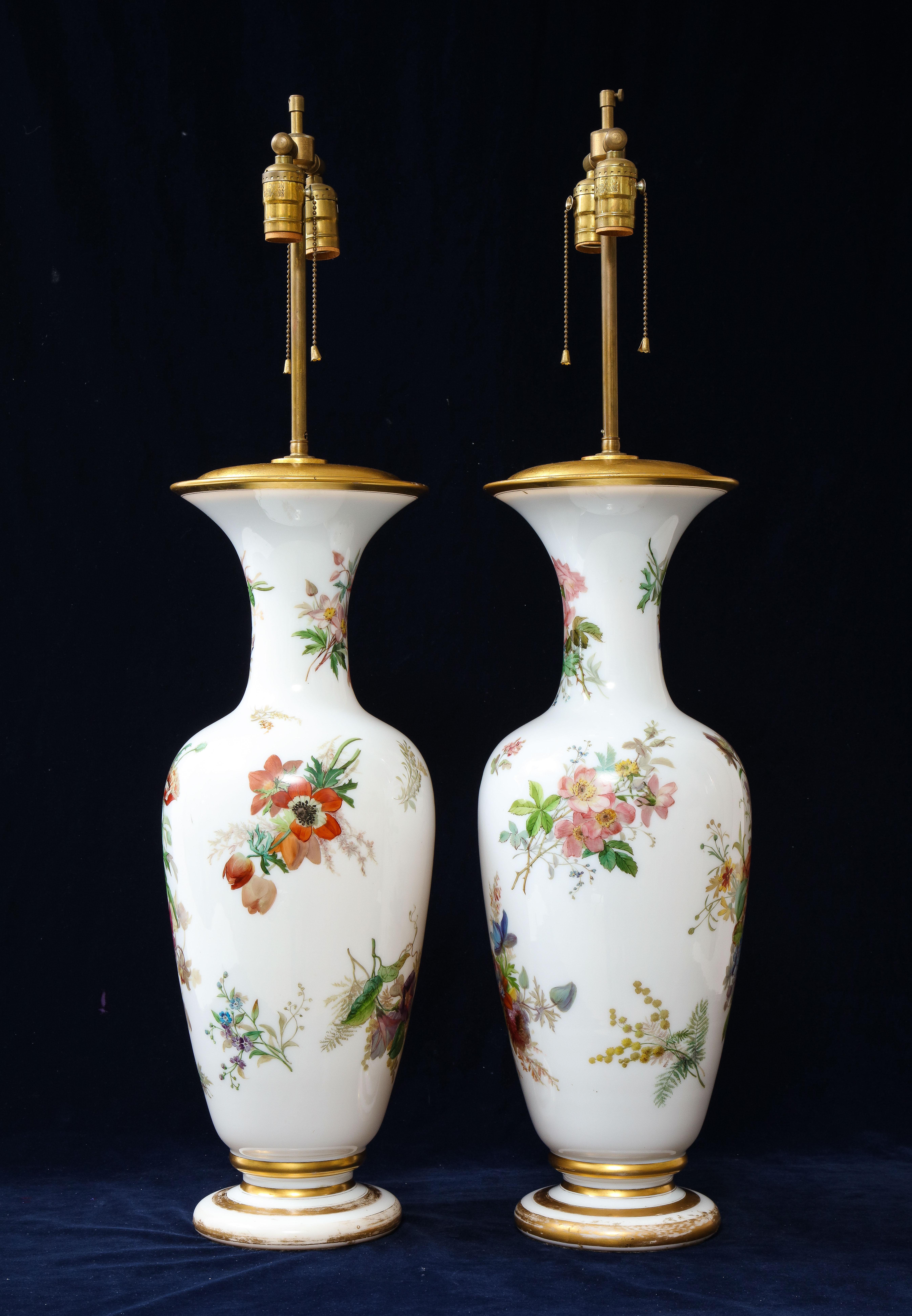 Mid-19th Century Pair 19th Century French Baccarat White Opaline Crystal Vases Mounted as Lamps For Sale