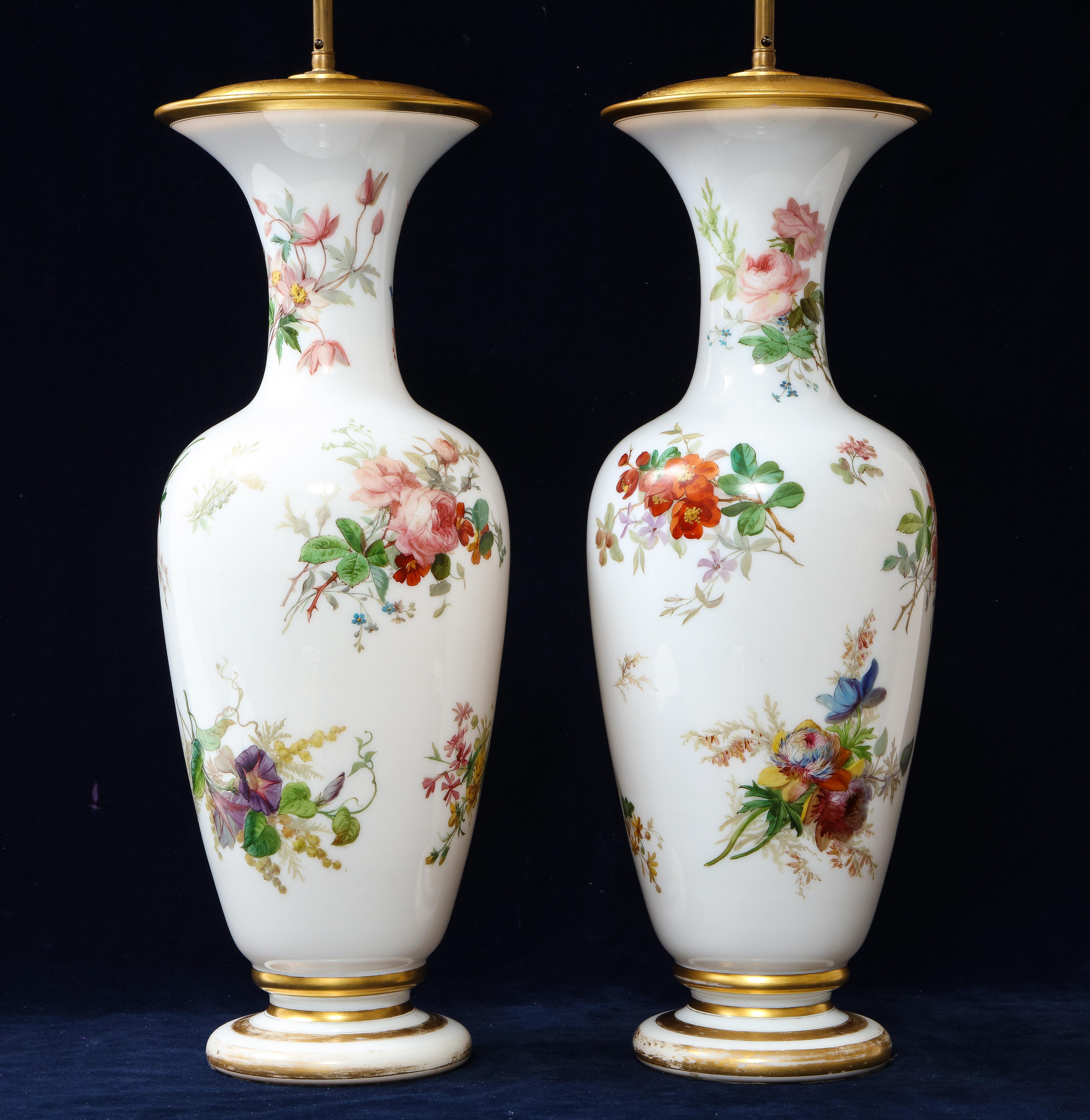 Pair 19th Century French Baccarat White Opaline Crystal Vases Mounted as Lamps For Sale 1