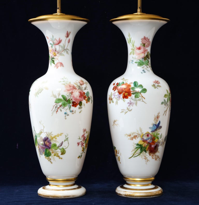 Pair 19th Century French Baccarat White Opaline Crystal Vases Mounted as Lamps For Sale 2