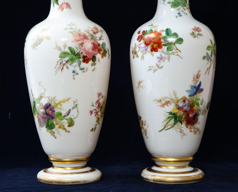Pair 19th Century French Baccarat White Opaline Crystal Vases Mounted as Lamps For Sale 3
