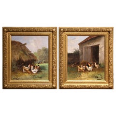 Pair 19th Century French Barnyard Oil Paintings Signed Charles Maréchal