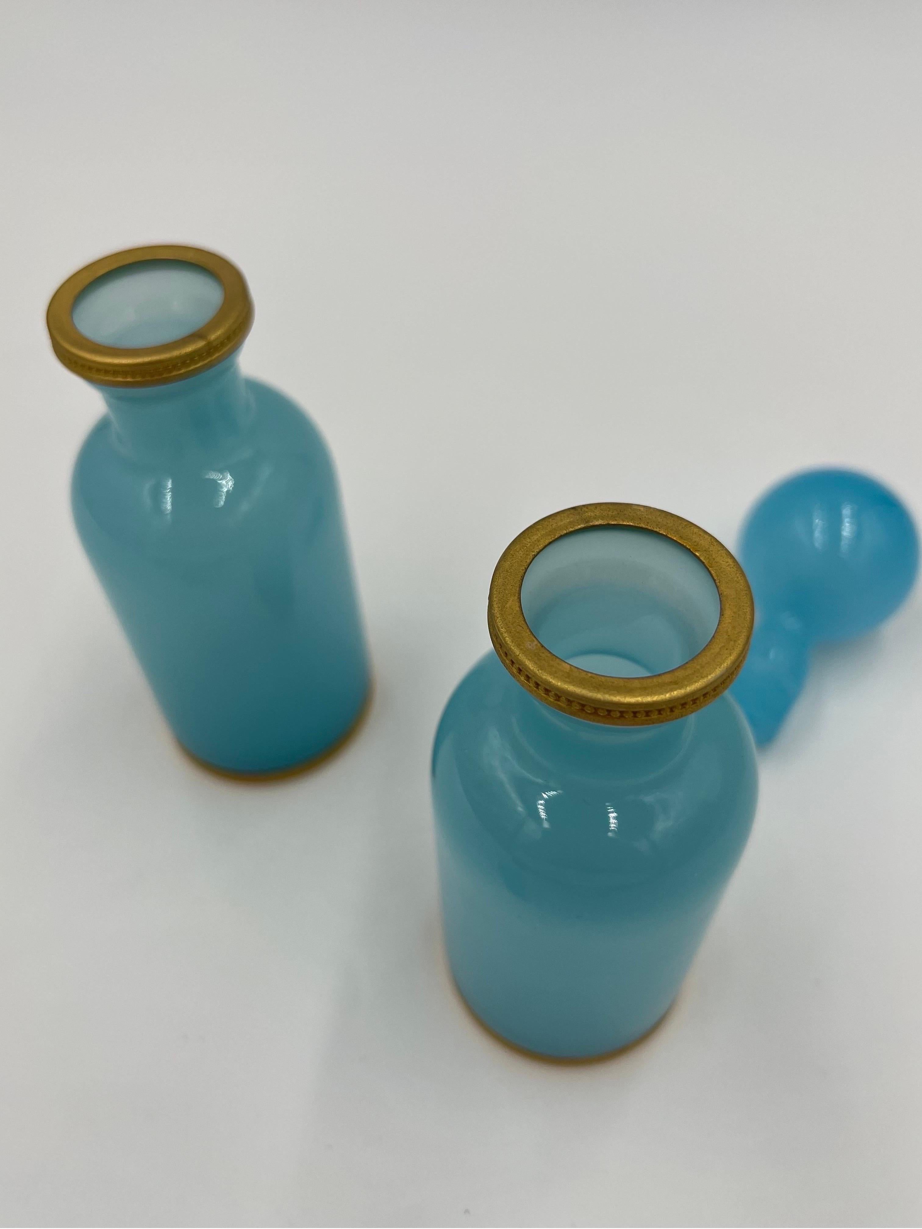 Pair, 19th Century French Blue Opaline Ormolu Mounted Glass Perfume Bottles In Good Condition In Atlanta, GA