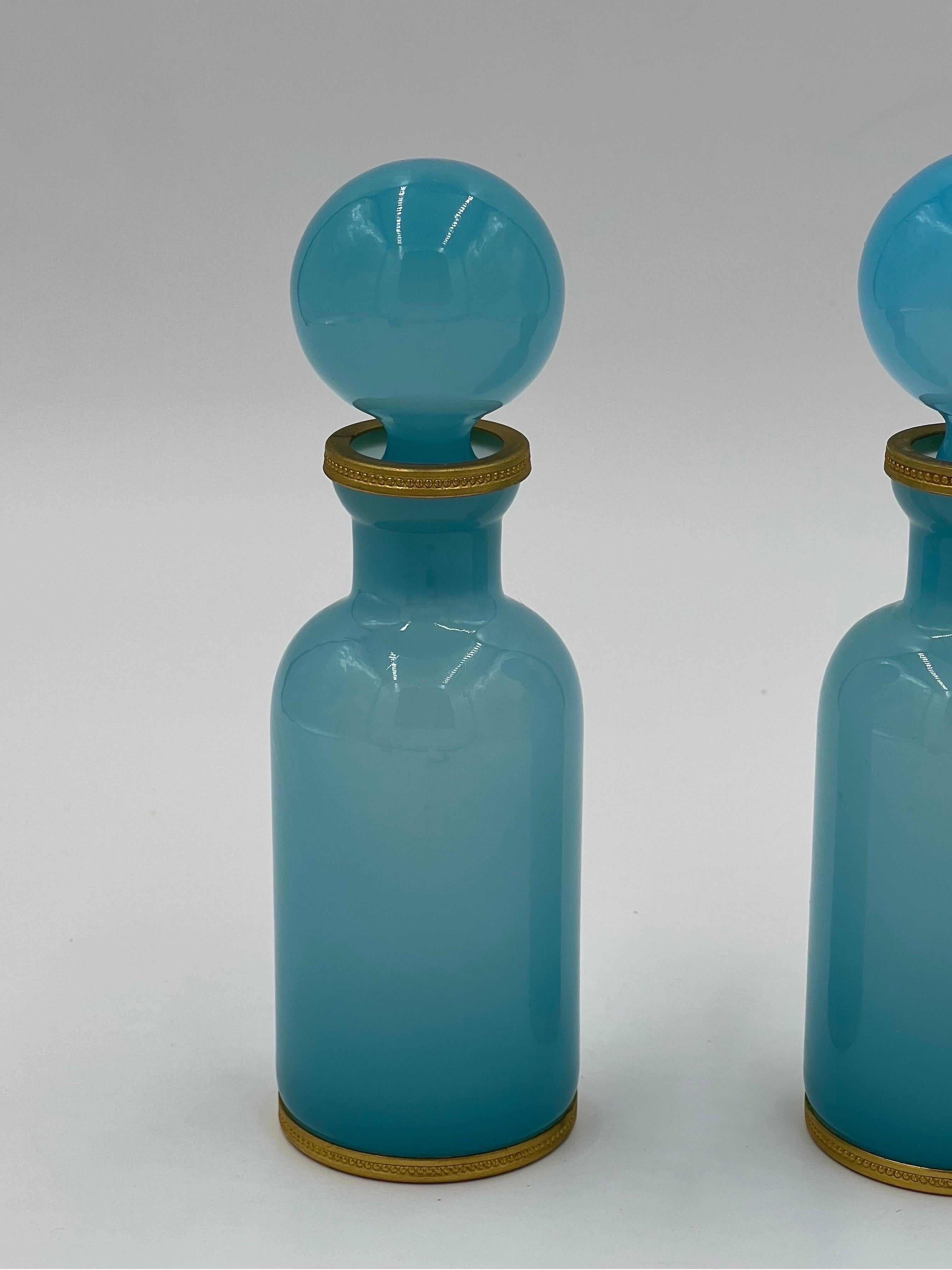 Bronze Pair, 19th Century French Blue Opaline Ormolu Mounted Glass Perfume Bottles