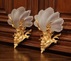 19th Century French Bronze Dore and Glass Tree, Light Sconces with Dolphin, Pair