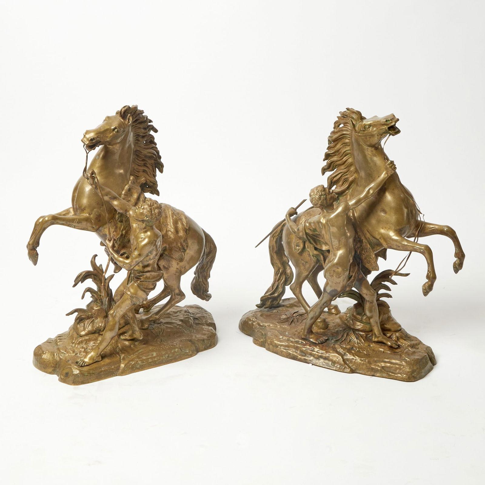 Paar französische Marly-Pferdestatuen aus Bronze des 19. Jahrhunderts nach den Originalmodellen von Guillaume Coustou (1677-1746).