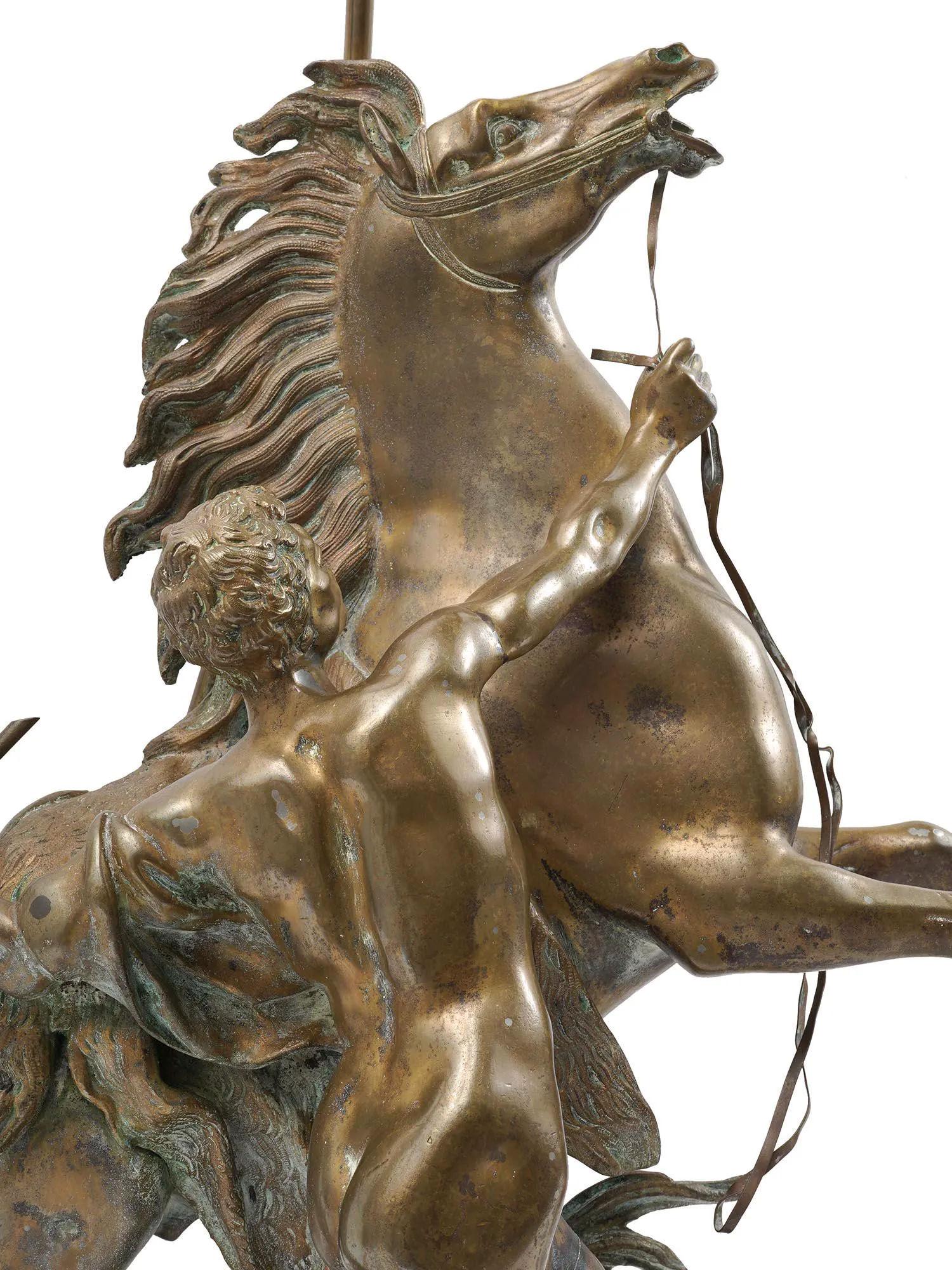 Gilt Pair 19th Century French Bronze Marly Horse Sculptures After Coustou For Sale