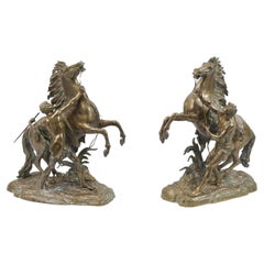Pair 19th Century French Bronze Marly Horse Sculptures After Coustou