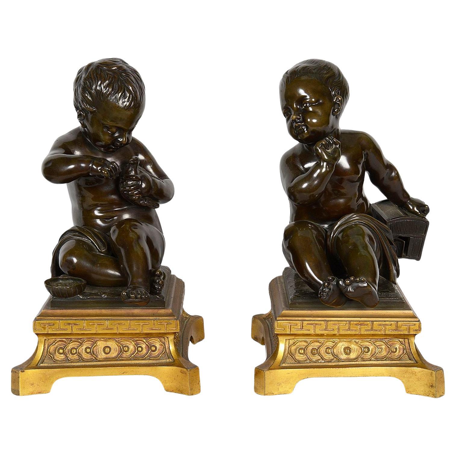 Pair 19th century French bronze putti.