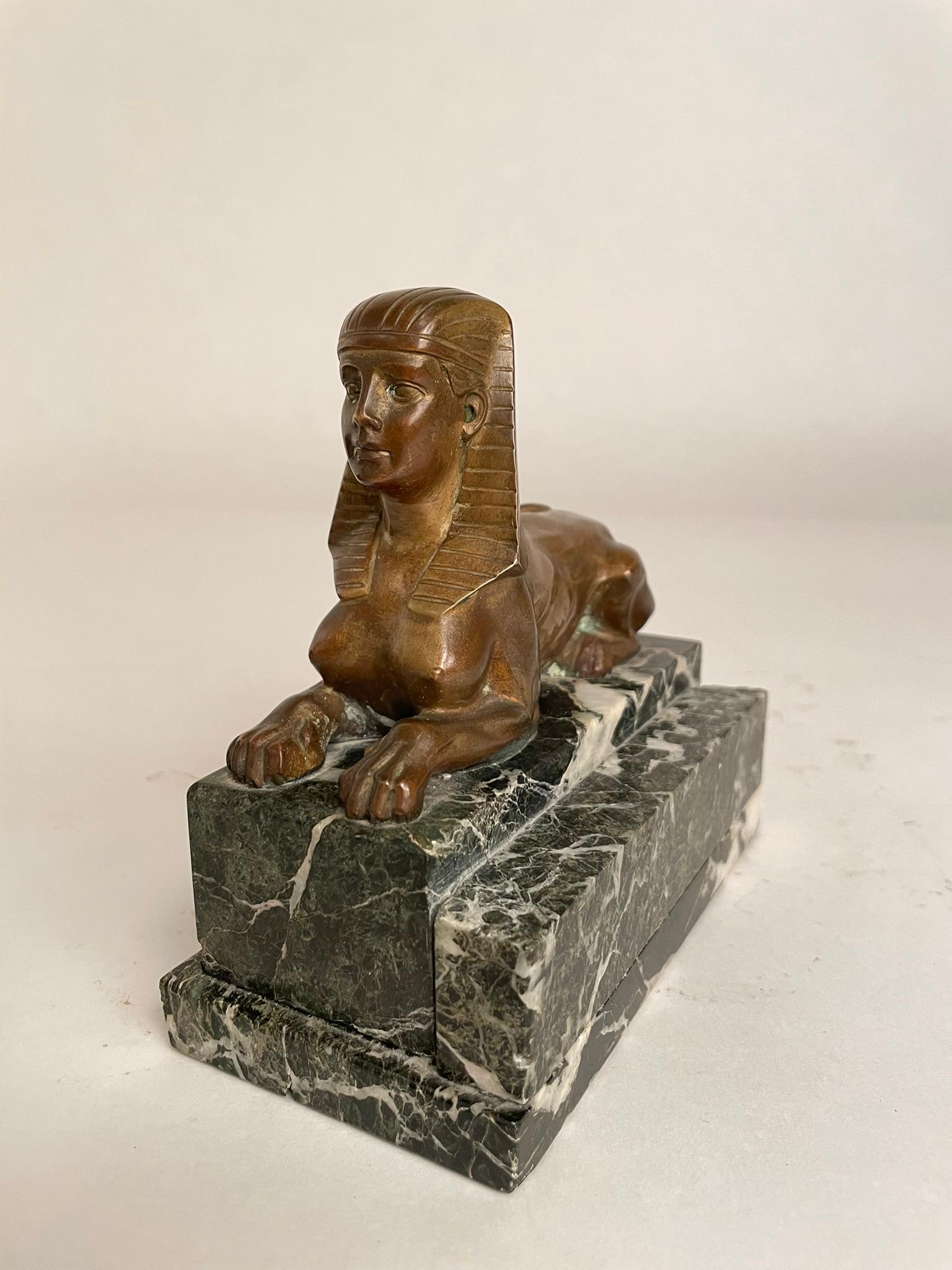 Pair 19th Century French Bronze Sphinx on Verde Antico Marble Bases For Sale 5